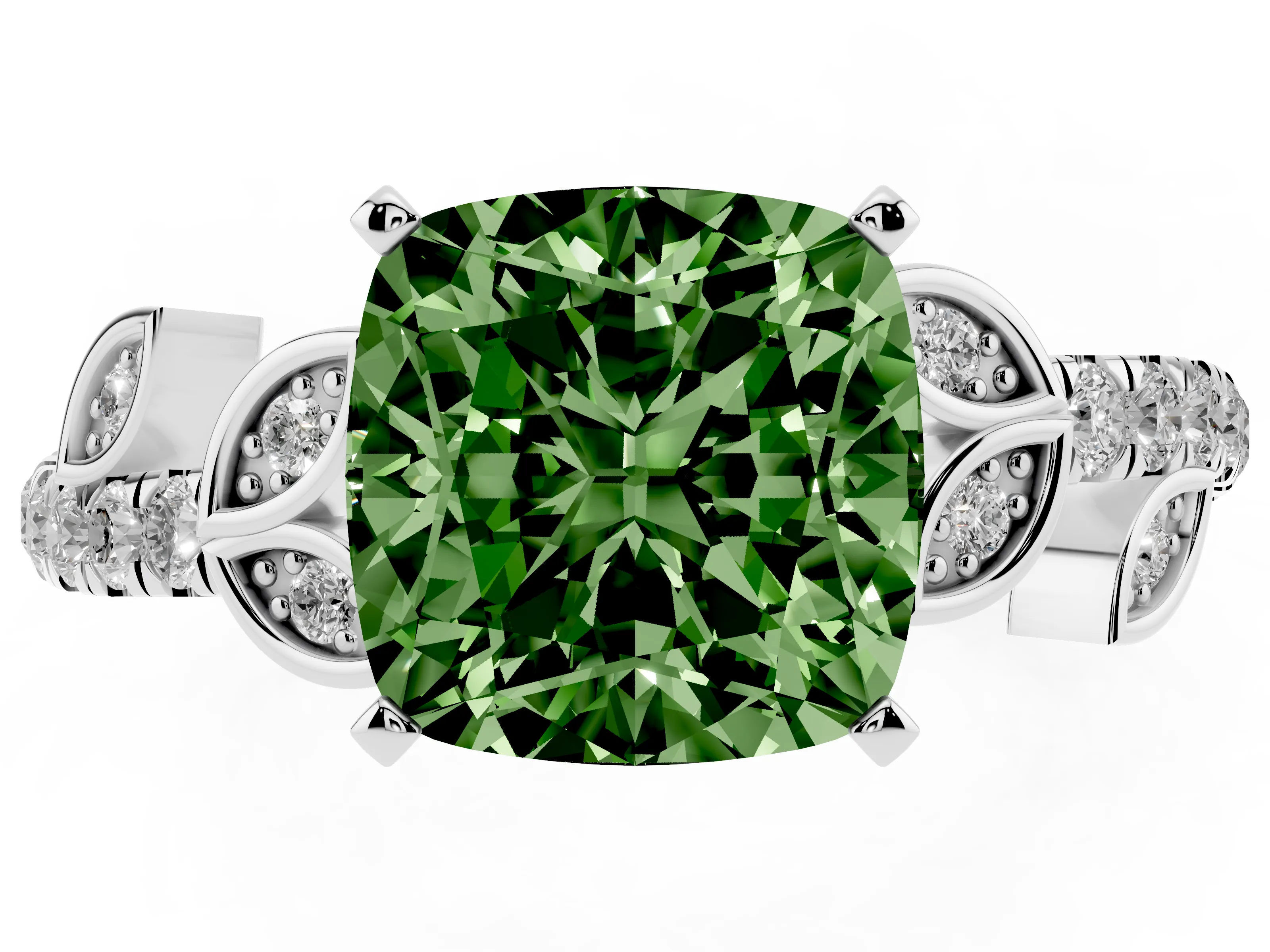 Fancy Green Cushion Cut Diamond Solitaire Leaf-Inspired Ring Set in Platinum with Pavé Band and Prong Setting