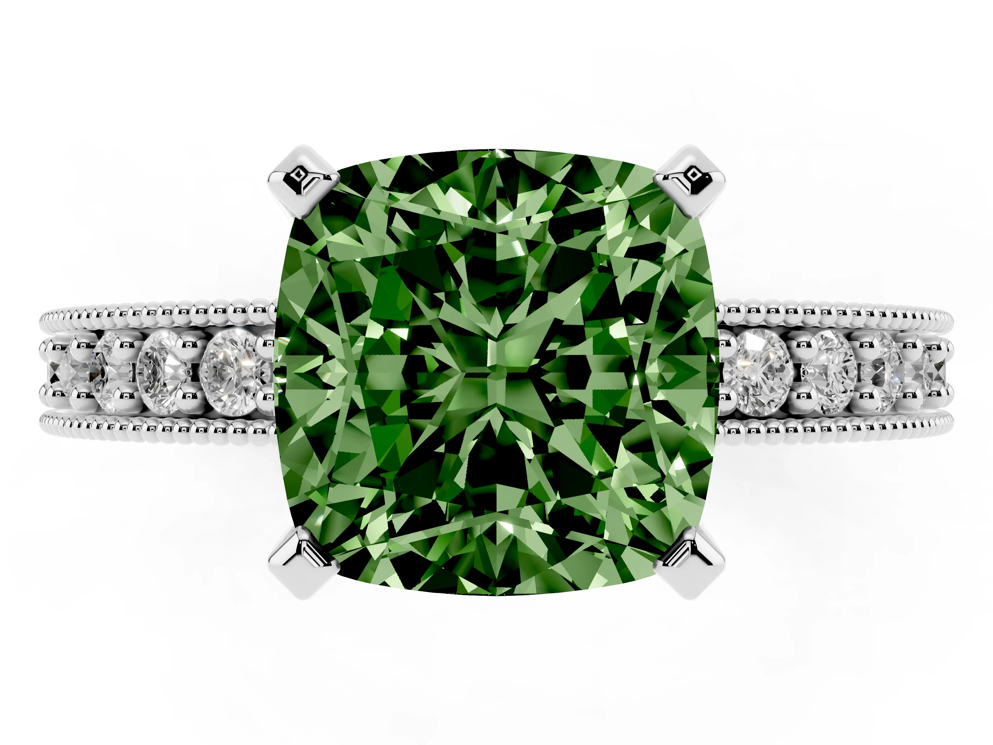 Fancy Green Cushion Cut Diamond Milgrain Pavé Engagement Ring Set in White gold with Prong Setting