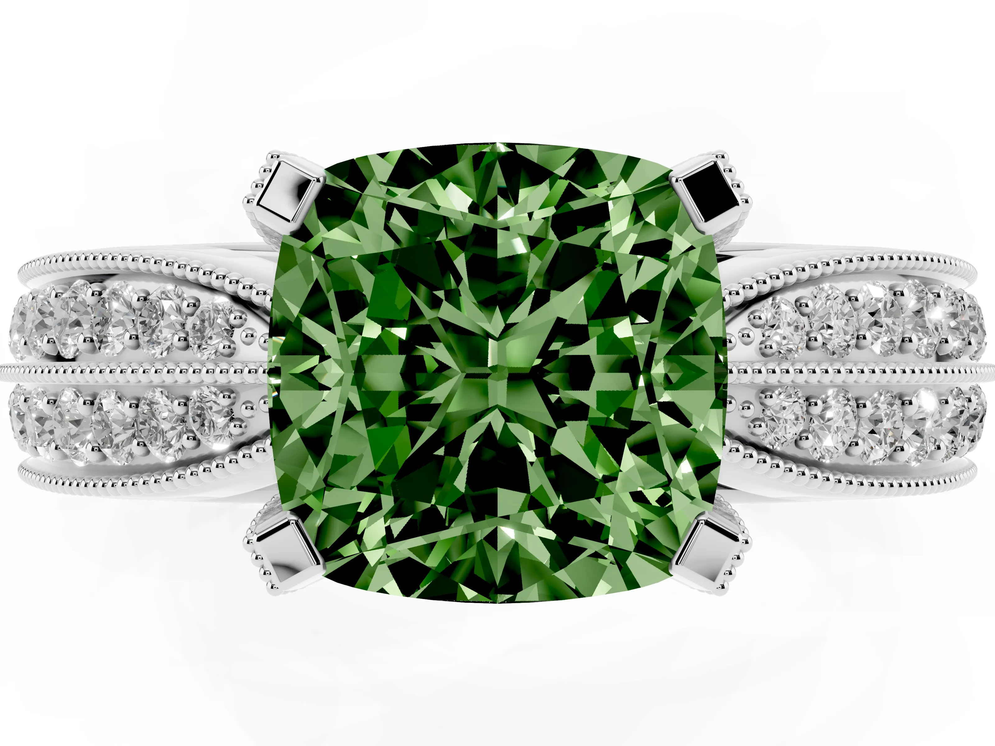 Fancy Green Cushion Cut Diamond Solitaire Ring Set in Silver with Milgrain Double Row Round Pavé Band
