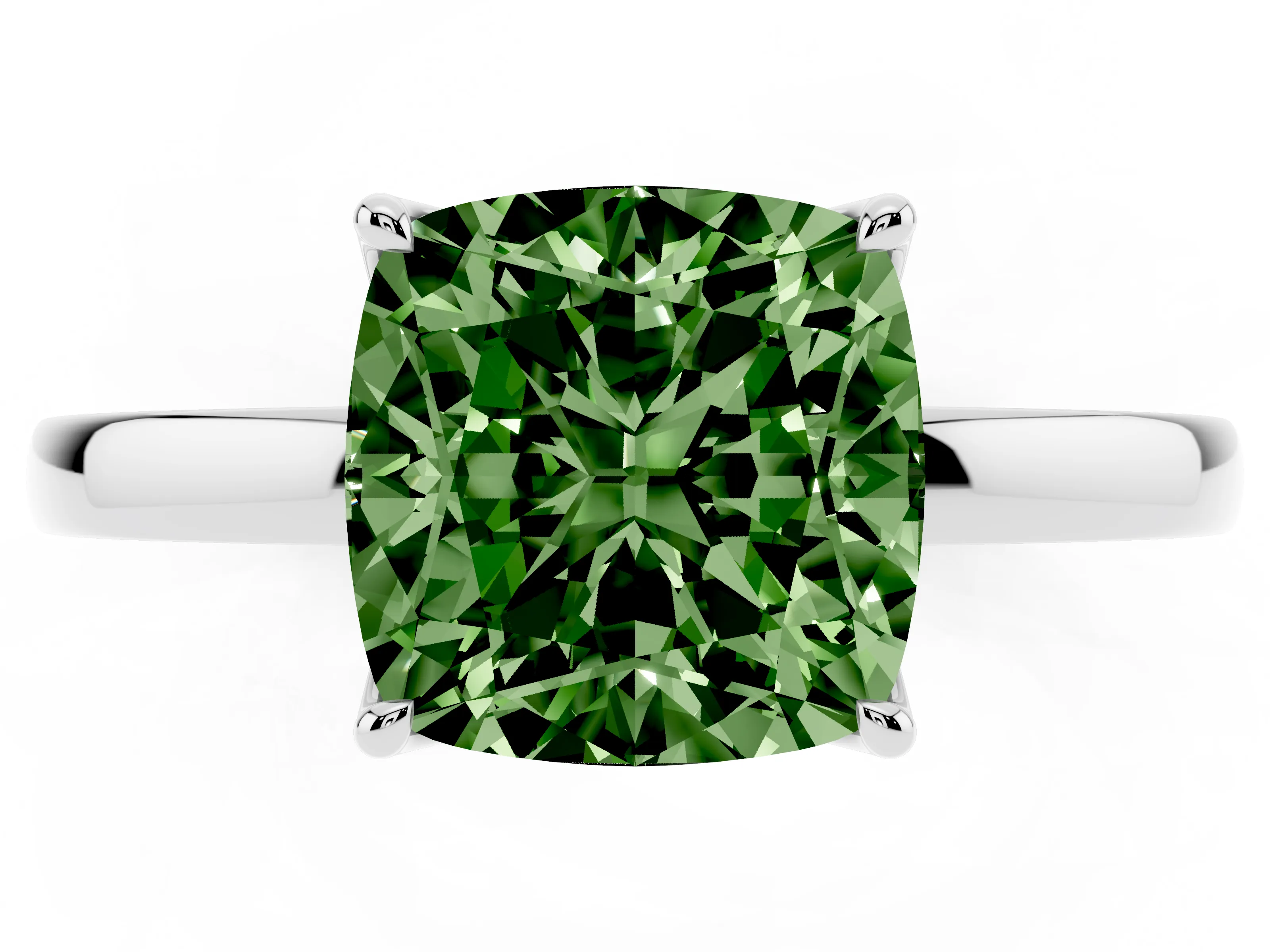 Fancy Green Cushion Cut Diamond Solitaire Ring Set in White gold with Prong Setting and Thin Polished Band