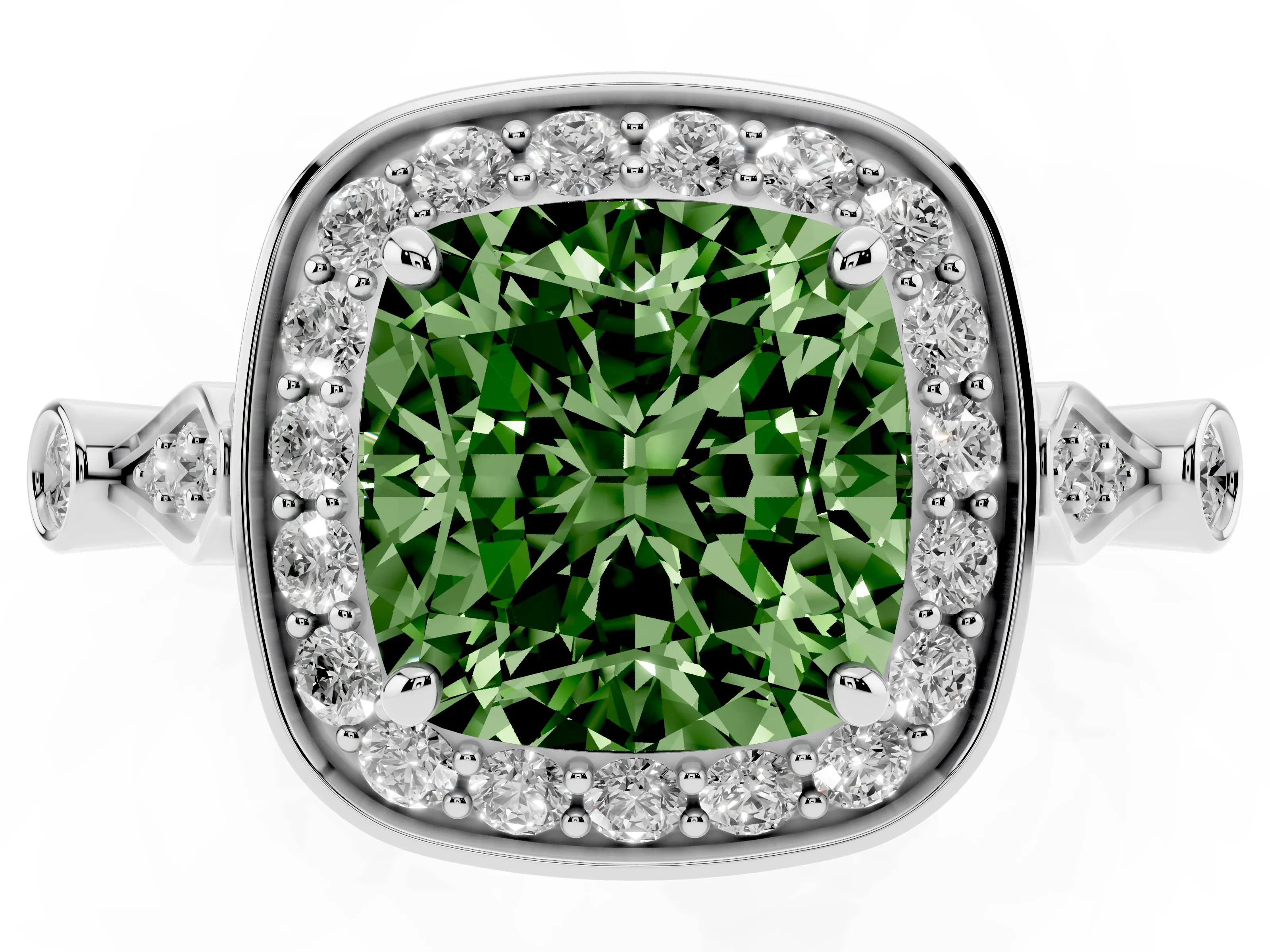 Fancy Green Cushion Cut Diamond Halo Engagement Ring Set in Silver with Twisted Band and Prong Setting