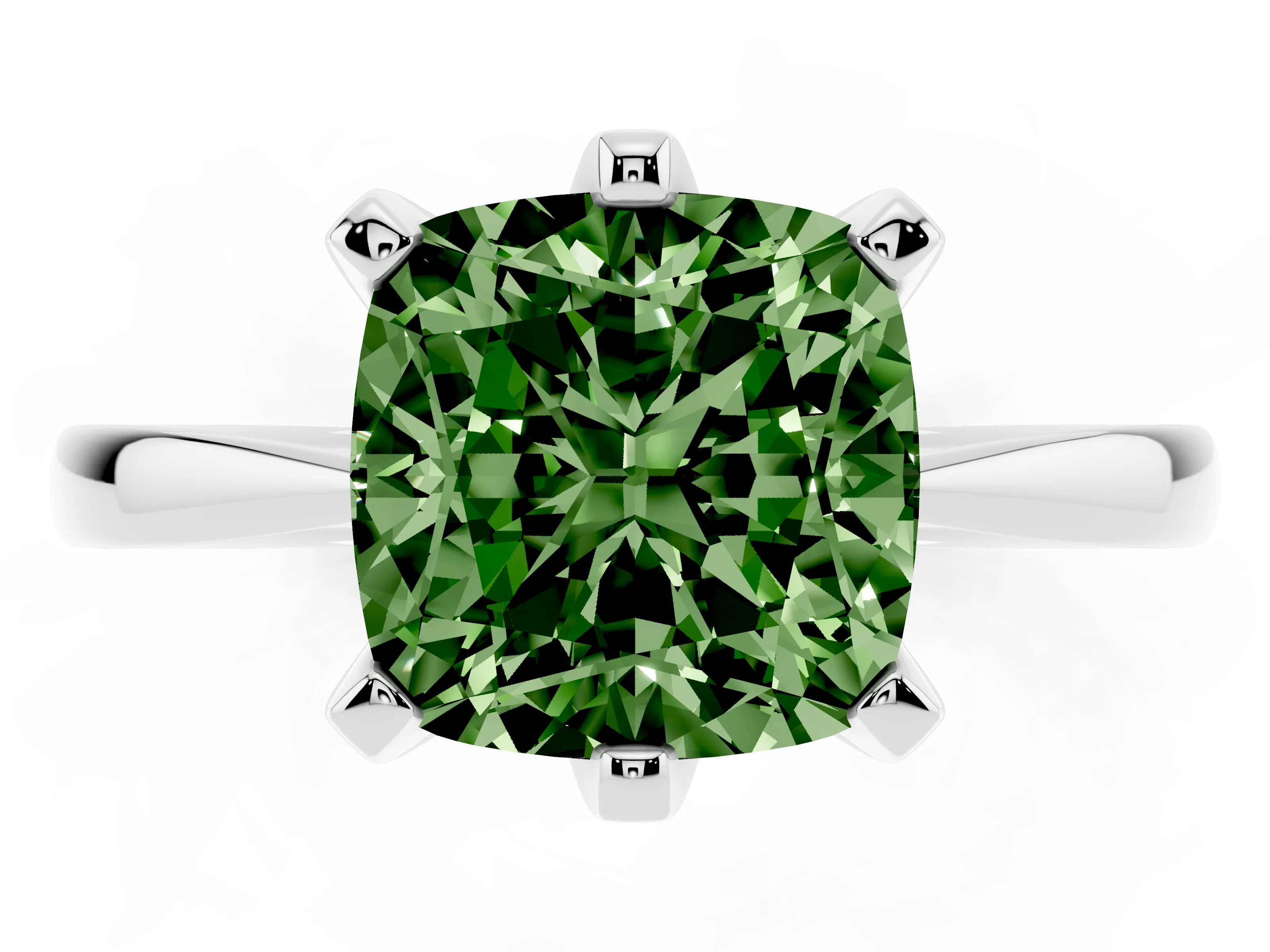 Fancy Green Cushion Cut Diamond Solitaire Engagement Ring Set in Platinum with Slim Tapered Solitaire Band