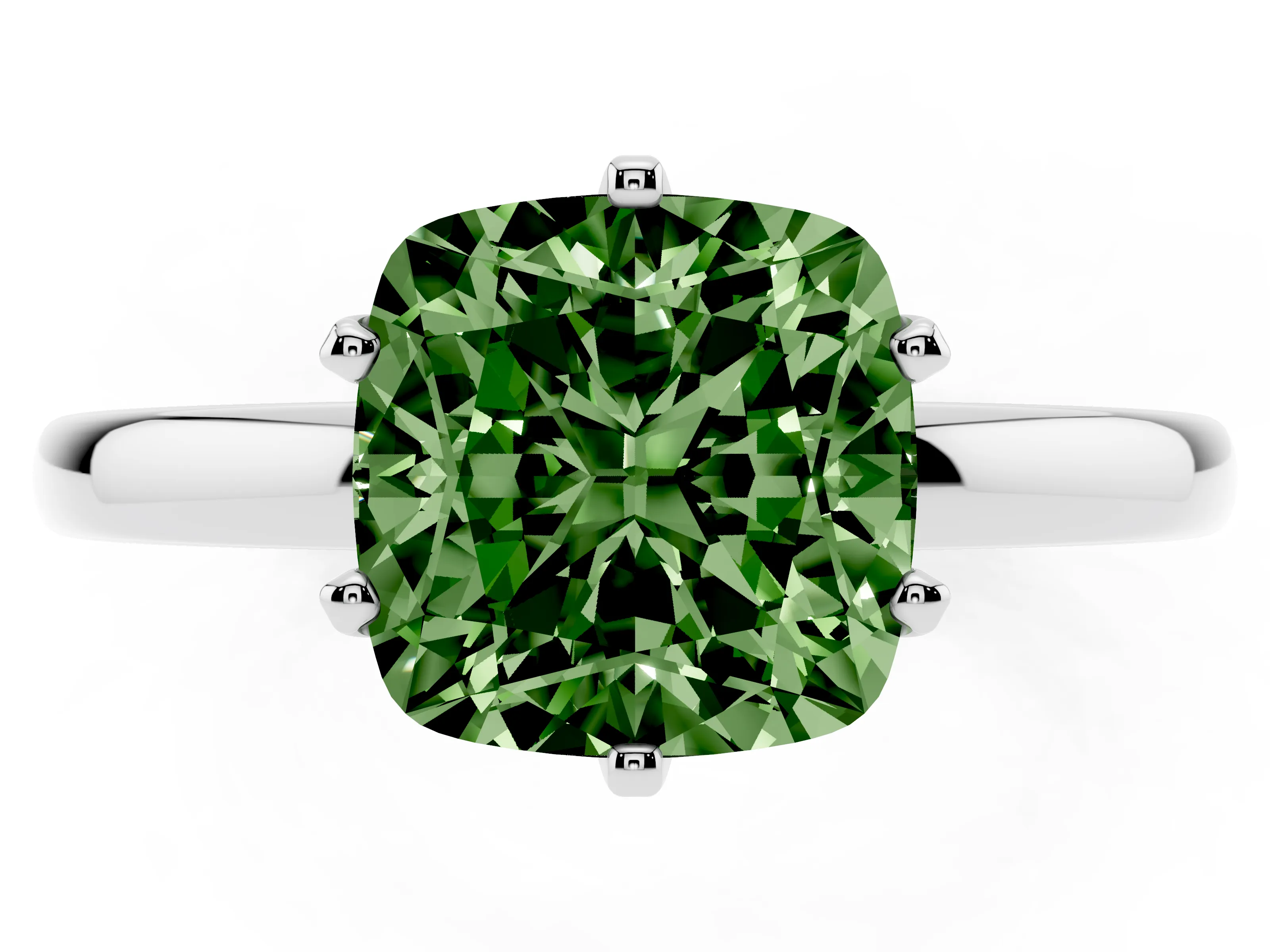 Fancy Green Cushion Cut Diamond Solitaire Ring Set in Silver with Raised Prong Setting on a Classic Band