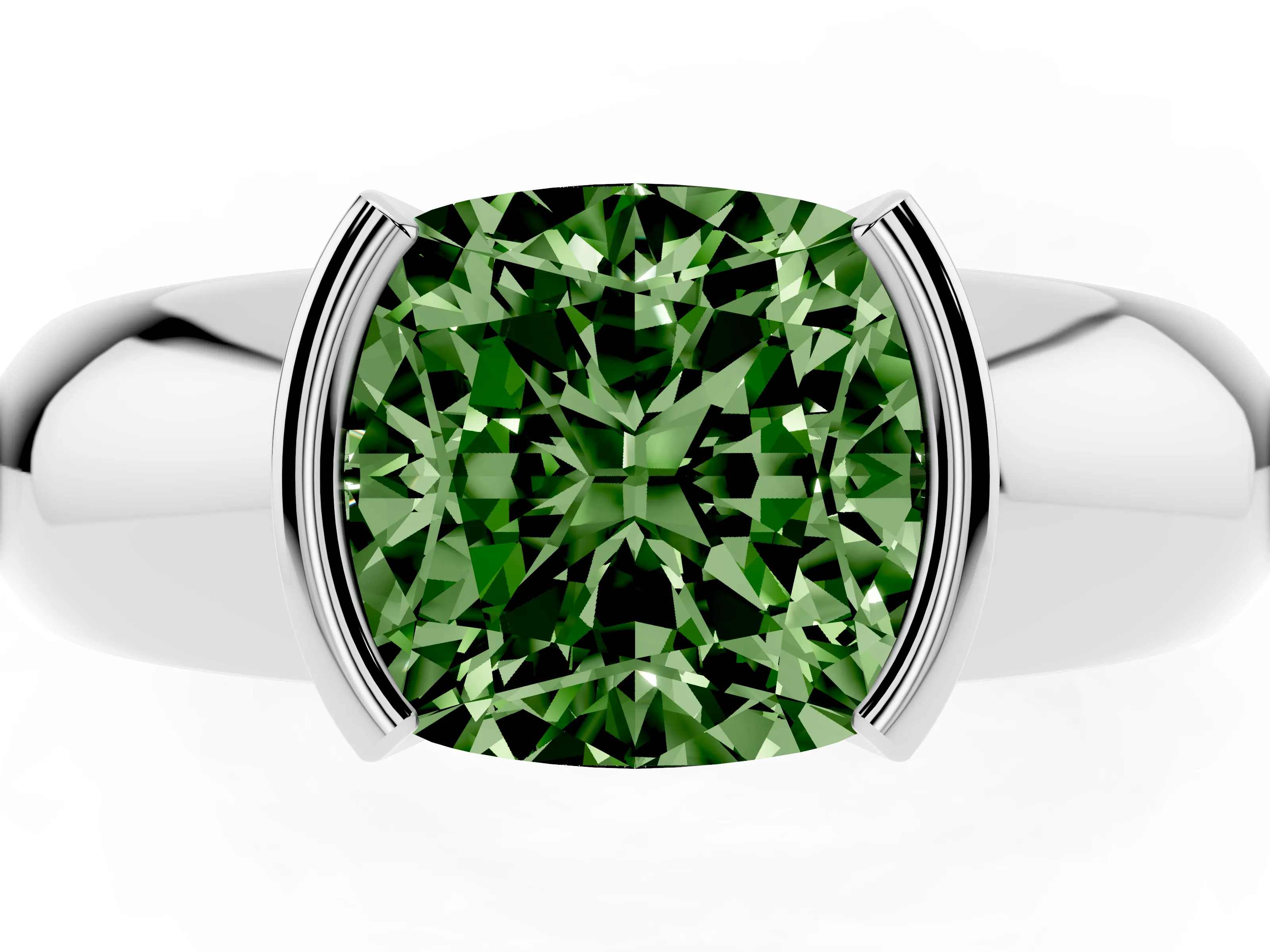 Fancy Green Cushion Cut Diamond Solitaire Tension Set Ring Set in White gold with Wide Band