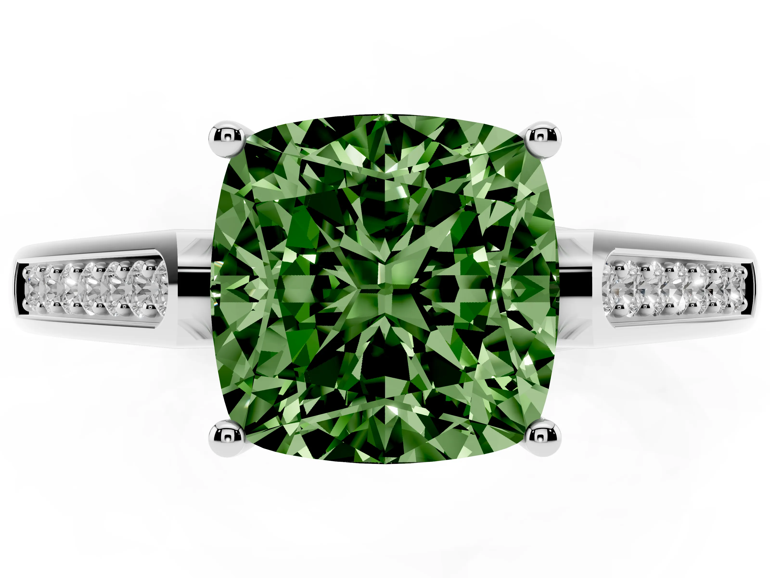 Fancy Green Cushion Cut Diamond Solitaire Cathedral Engagement Ring Set in Silver with Channel-Set Band and Prong Setting