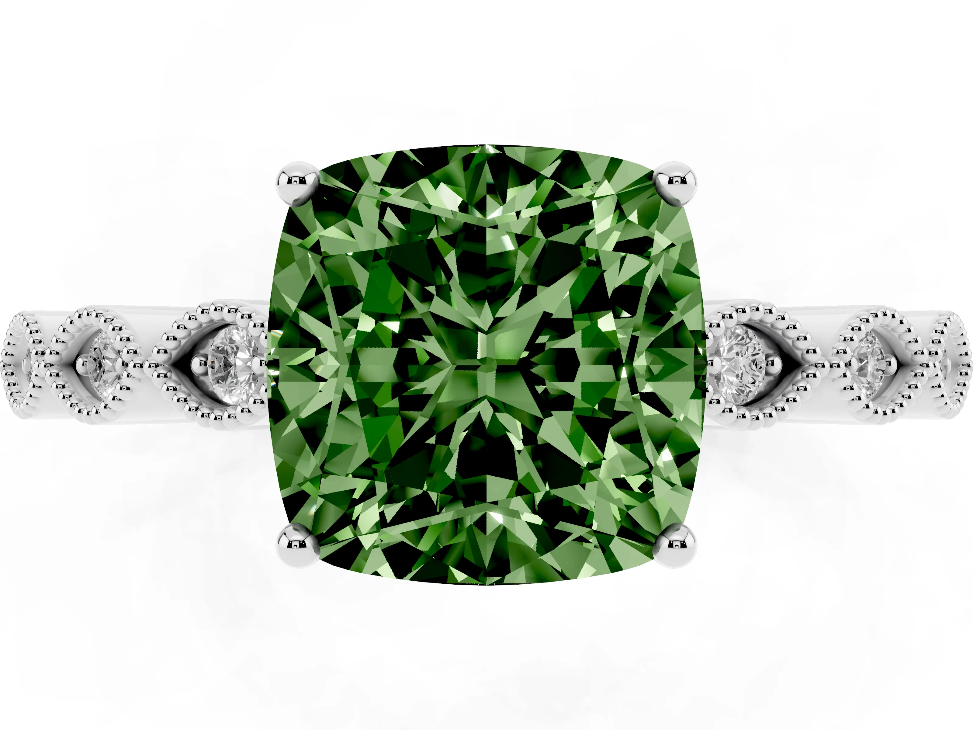 Fancy Green Cushion Cut Diamond Solitaire Ring Set in White gold with Infinity Twist Pavé Band
