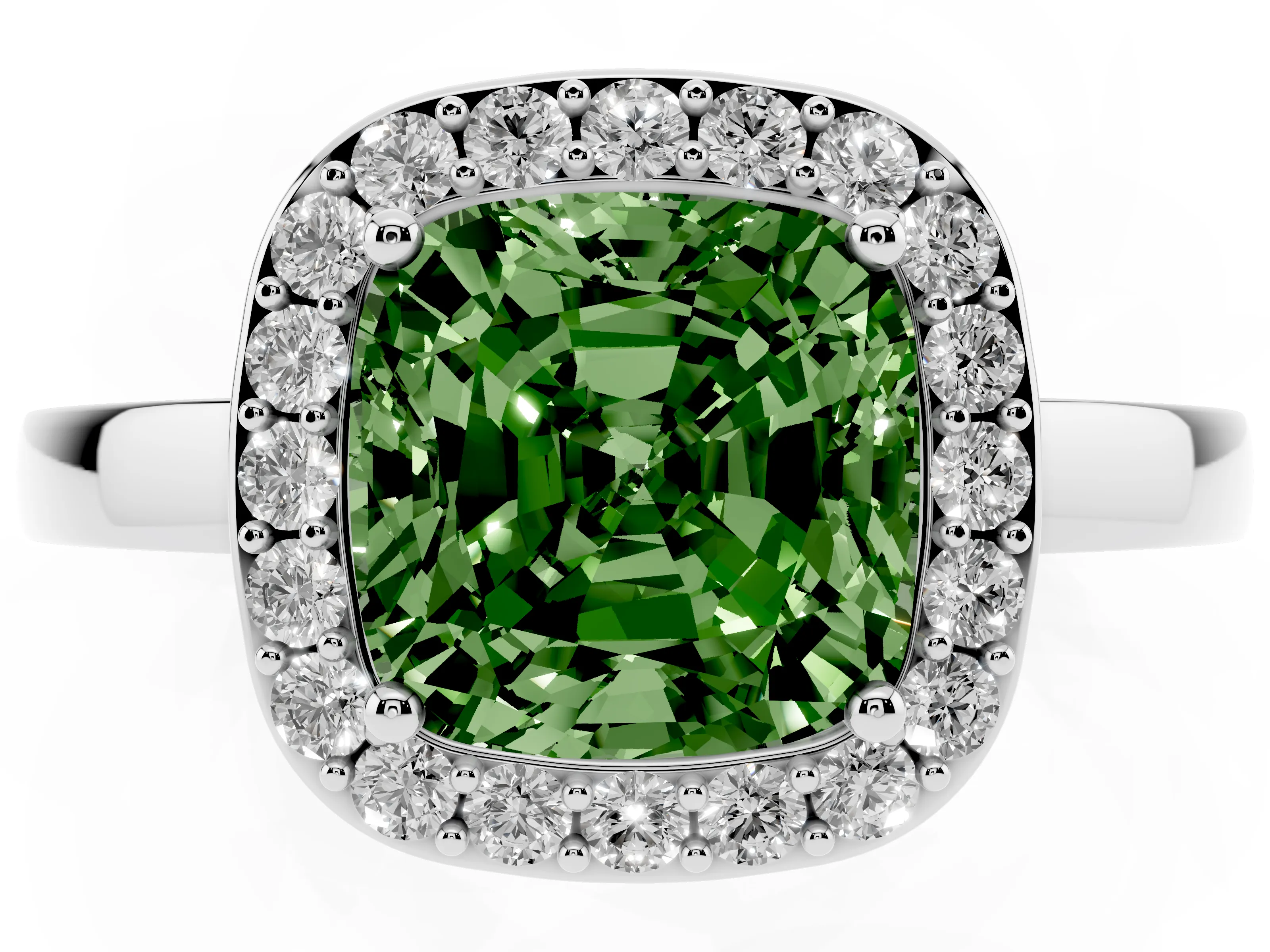 Fancy Green Cushion Cut Diamond Halo Ring Set in Platinum with Solitaire Band and Prong Setting