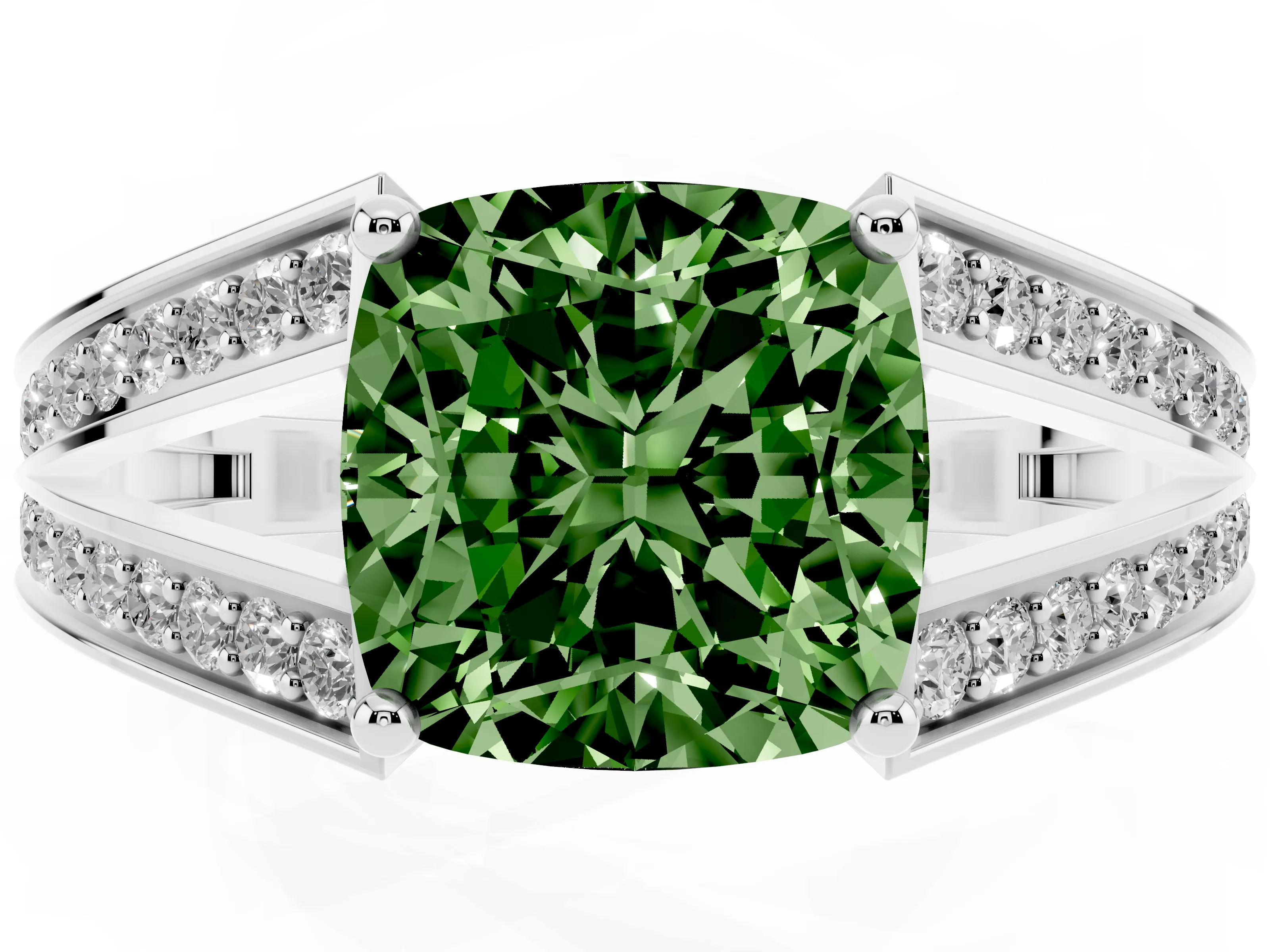 Fancy Green Cushion Cut Diamond Split Shank Ring Set in Platinum with Pavé Band and Prong Setting