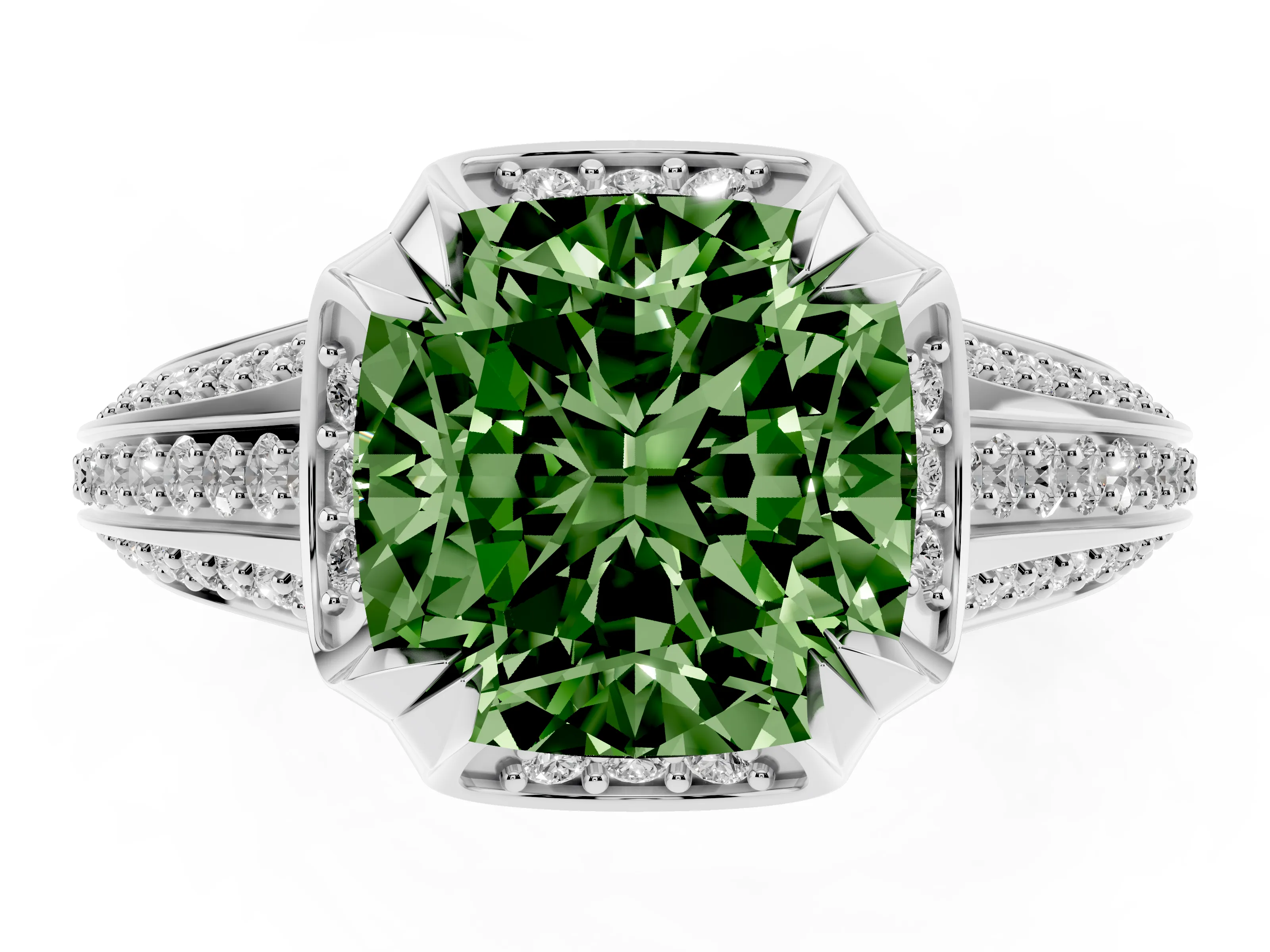 Fancy Green Cushion Cut Diamond Pavé Split Shank Solitaire Ring Set in Platinum with Prong Setting