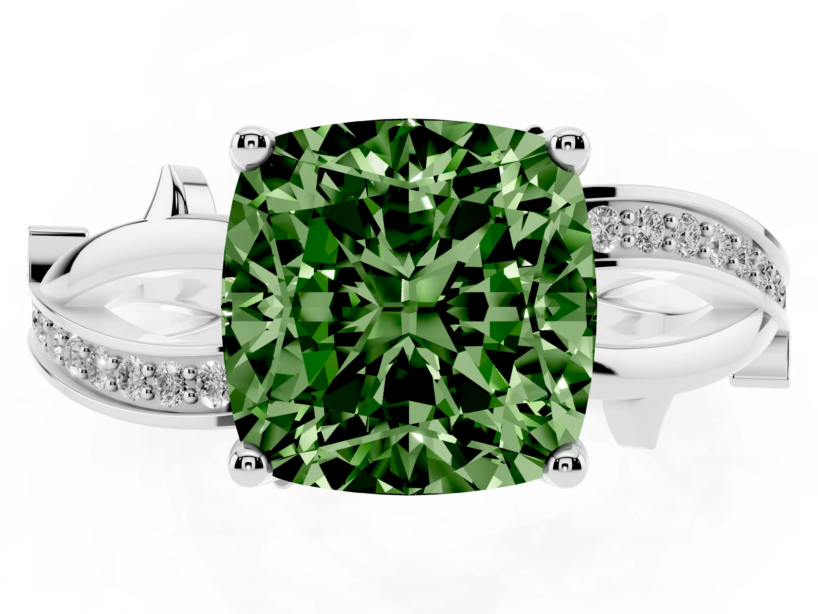 Fancy Green Cushion Cut Diamond Pavé Twist Band Solitaire Ring Set in Silver with Prong Setting