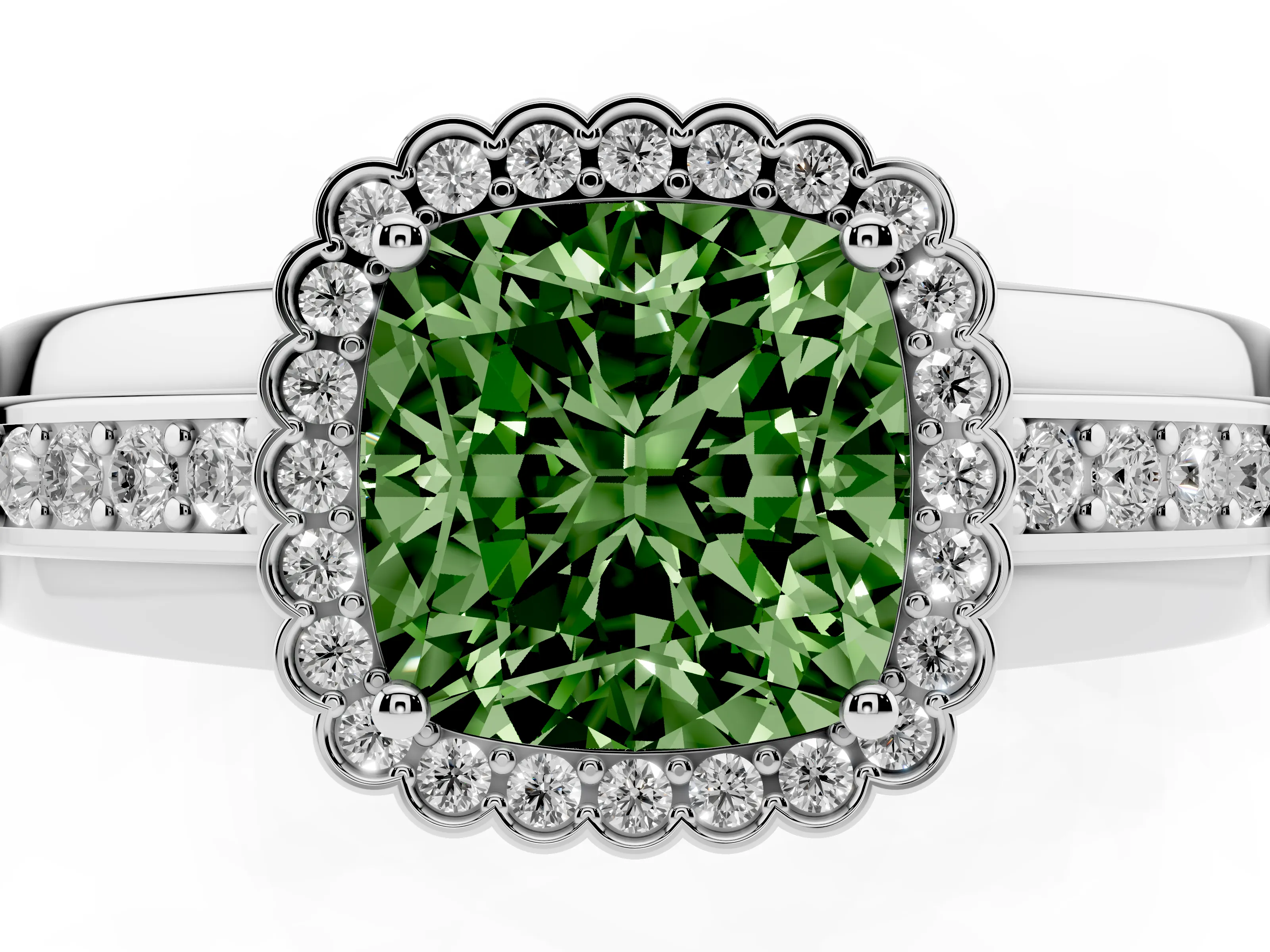 Fancy Green Cushion Cut Diamond Halo Prong Ring Set in Platinum with Pavé Band