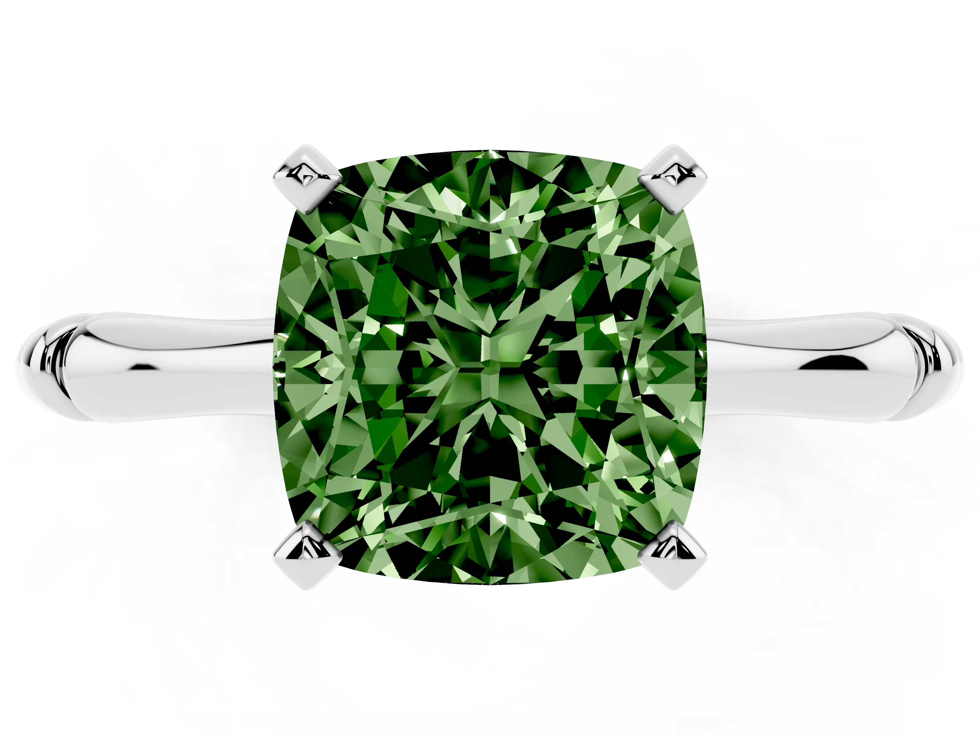 Fancy Green Cushion Cut Diamond Solitaire Ring Set in Silver with Bamboo Band and Prong Setting