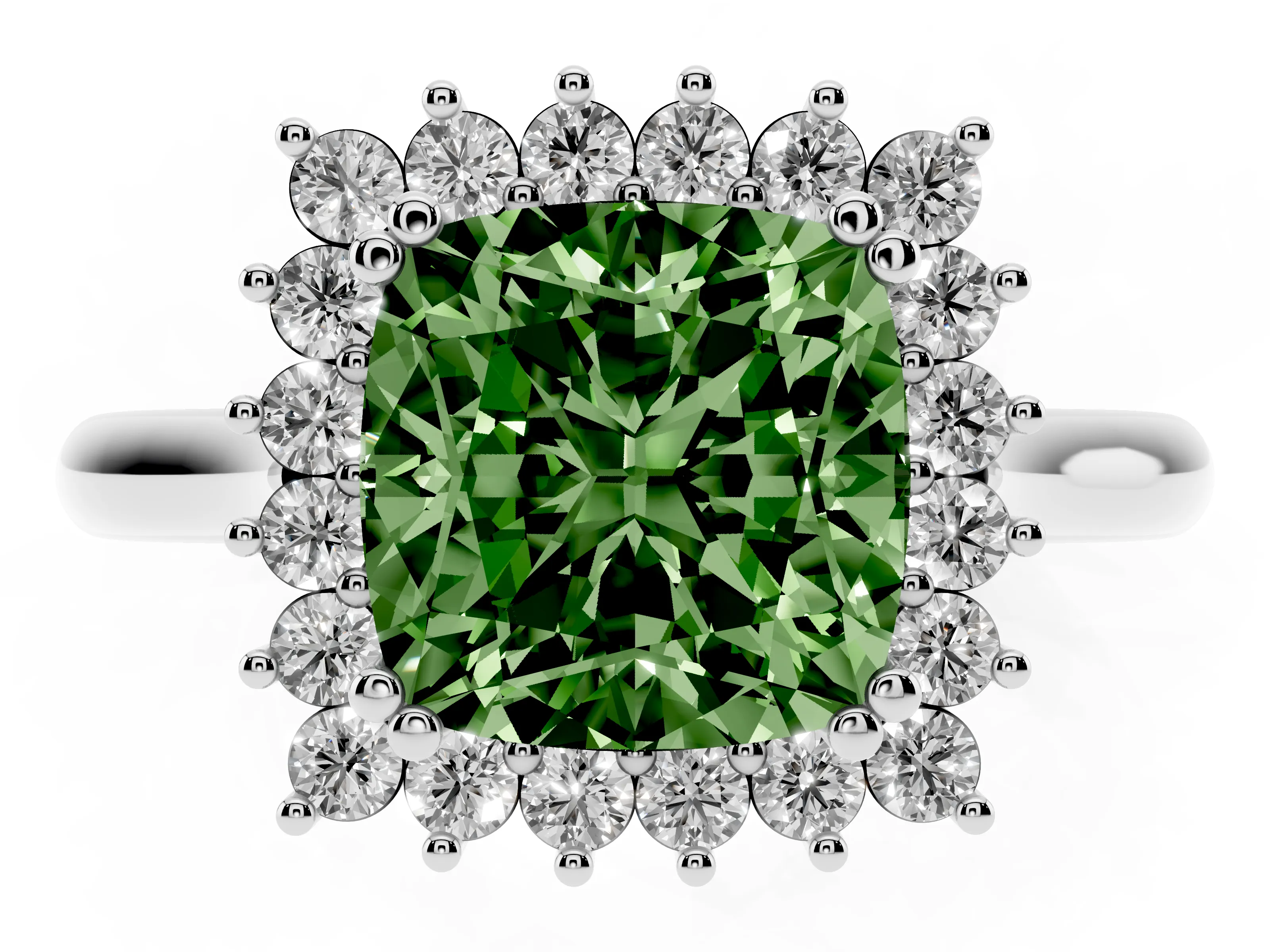 Fancy Green Cushion Cut Diamond Halo Ring Set in Platinum with Plain Solitaire Band and Prong Setting