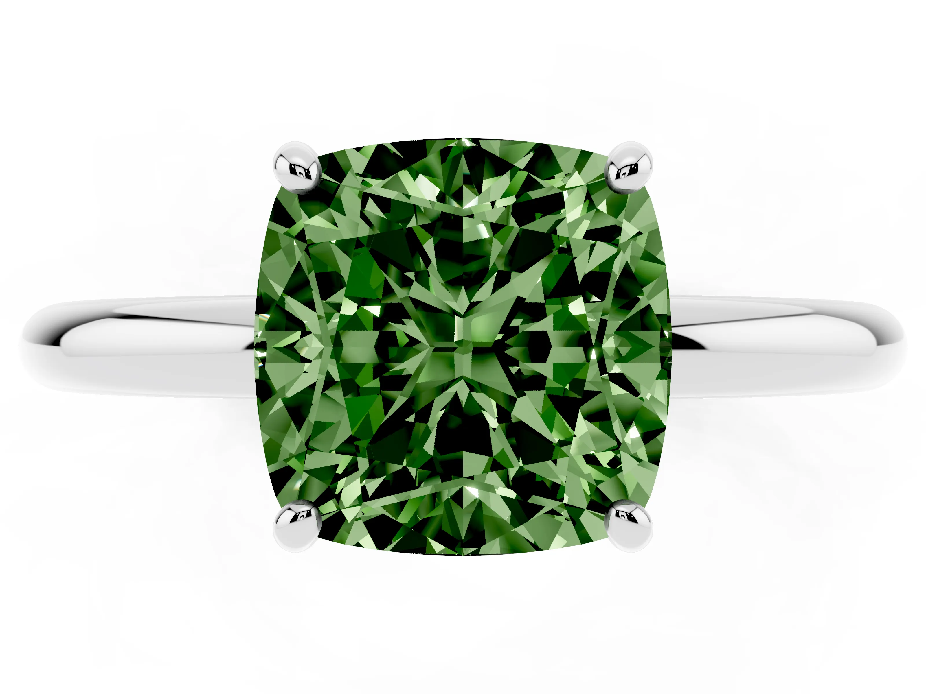 Fancy Green Cushion Cut Diamond Solitaire Ring Set in White gold with Prong Setting on a Polished Plain Band