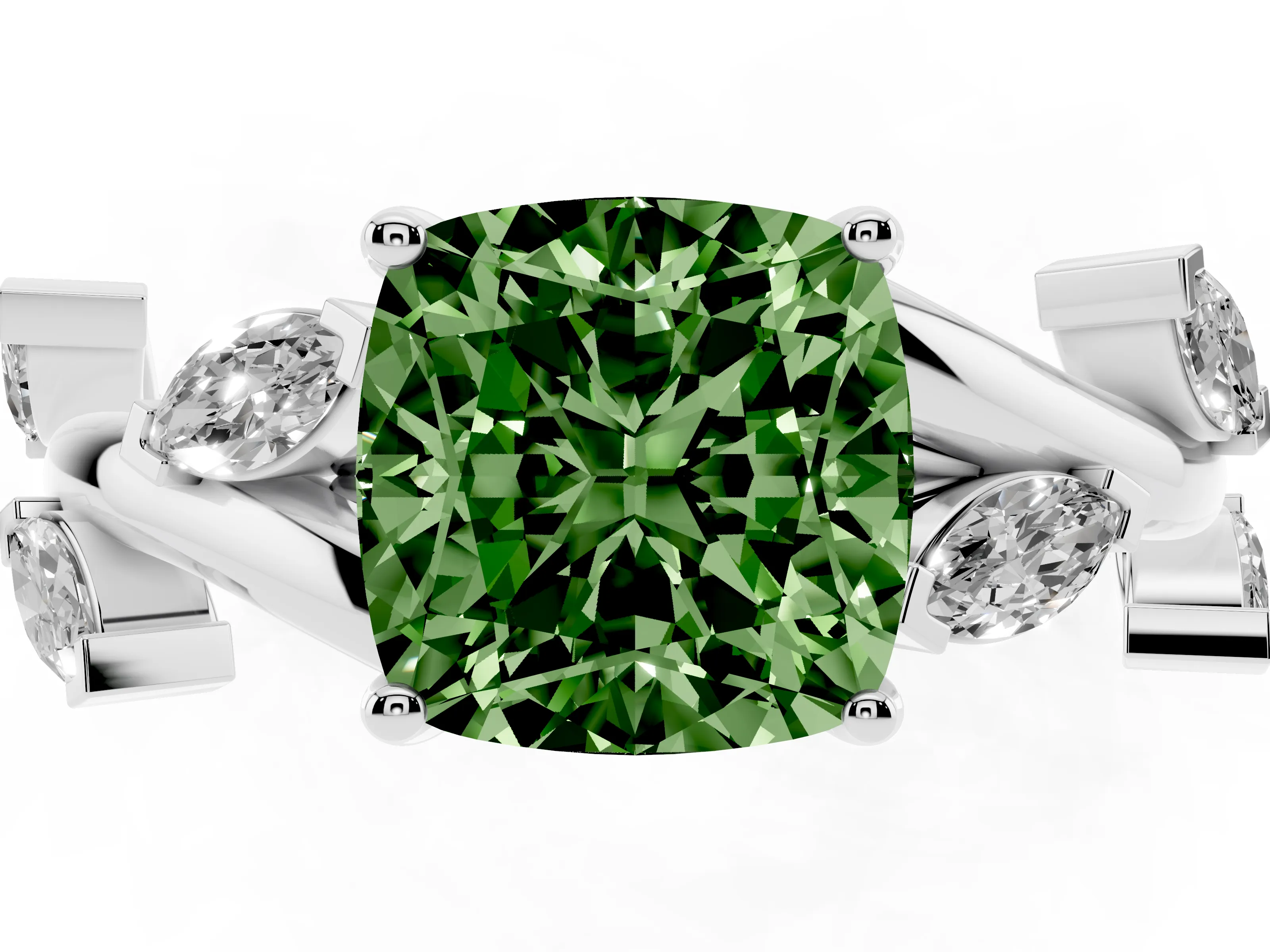 Fancy Green Cushion Cut Diamond Solitaire Ring Set in Silver with Twisted Marquise Accent Band