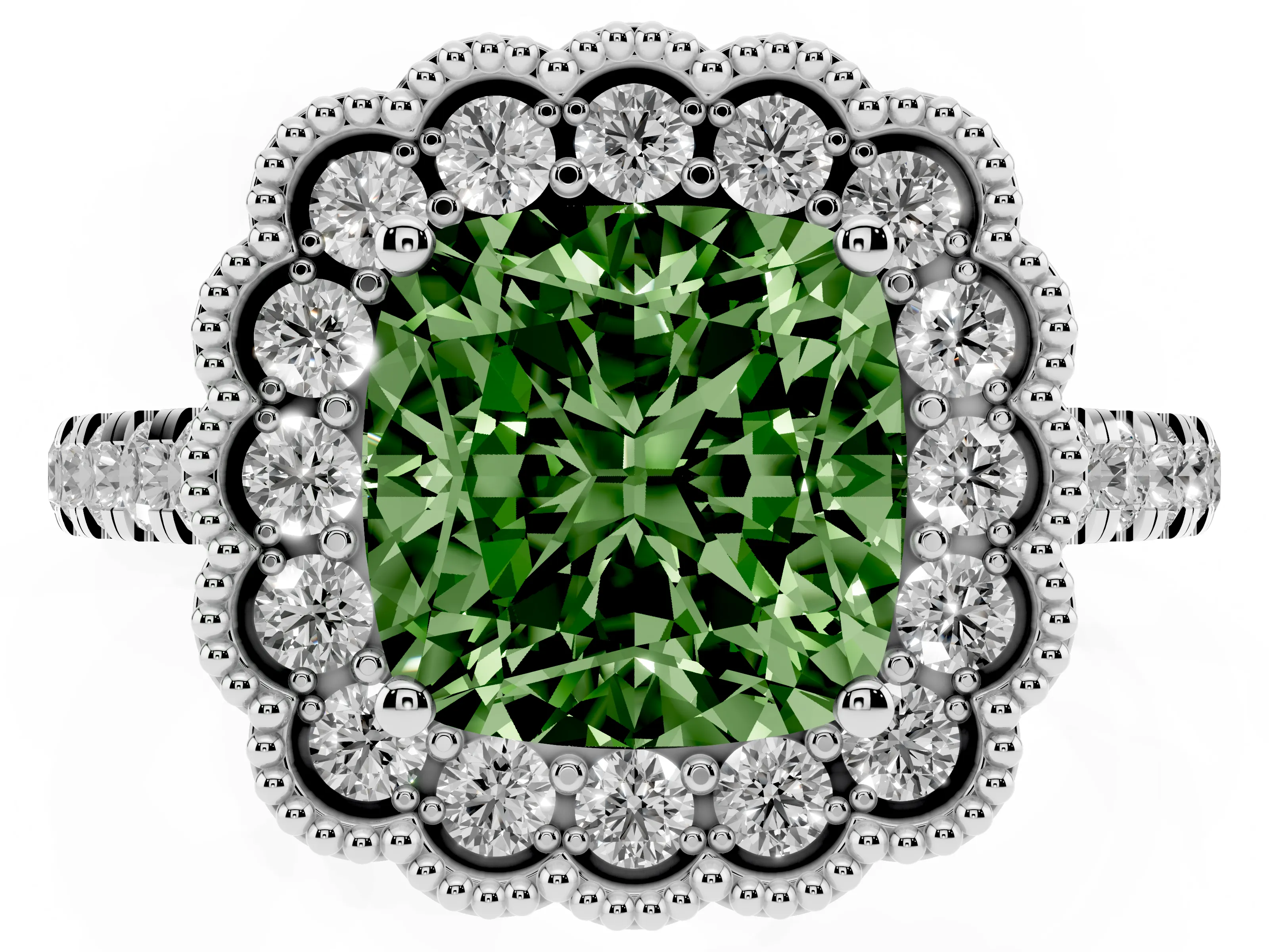 Fancy Green Cushion Cut Diamond Milgrain Floral Halo Engagement Ring Set in White gold with Pavé Band