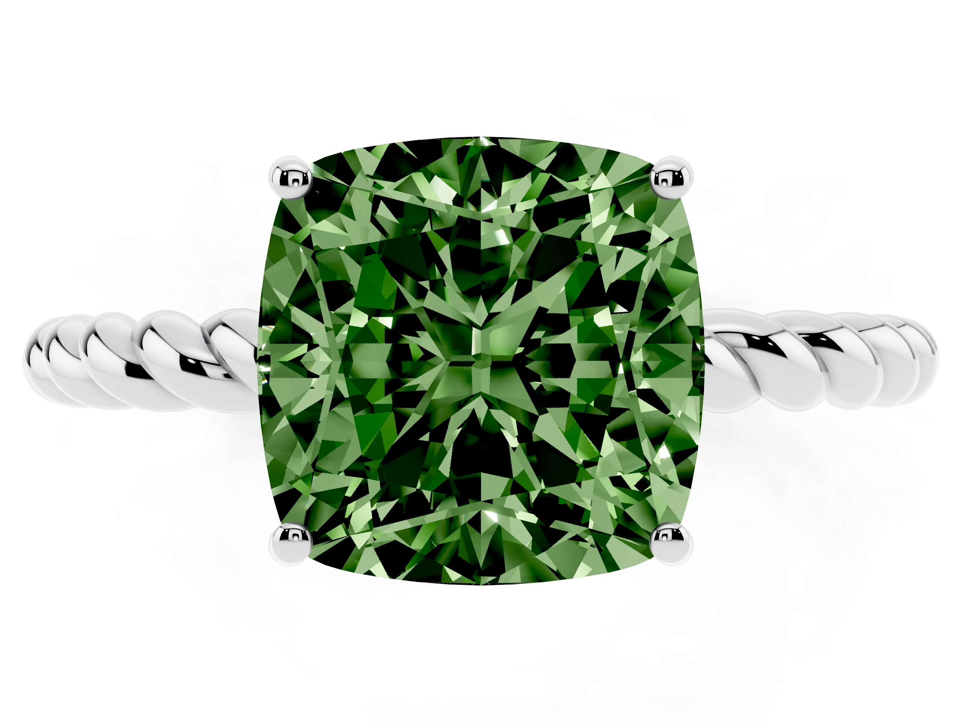 Fancy Green Cushion Cut Diamond Solitaire Ring Set in White gold with Twist Band and Prong Setting