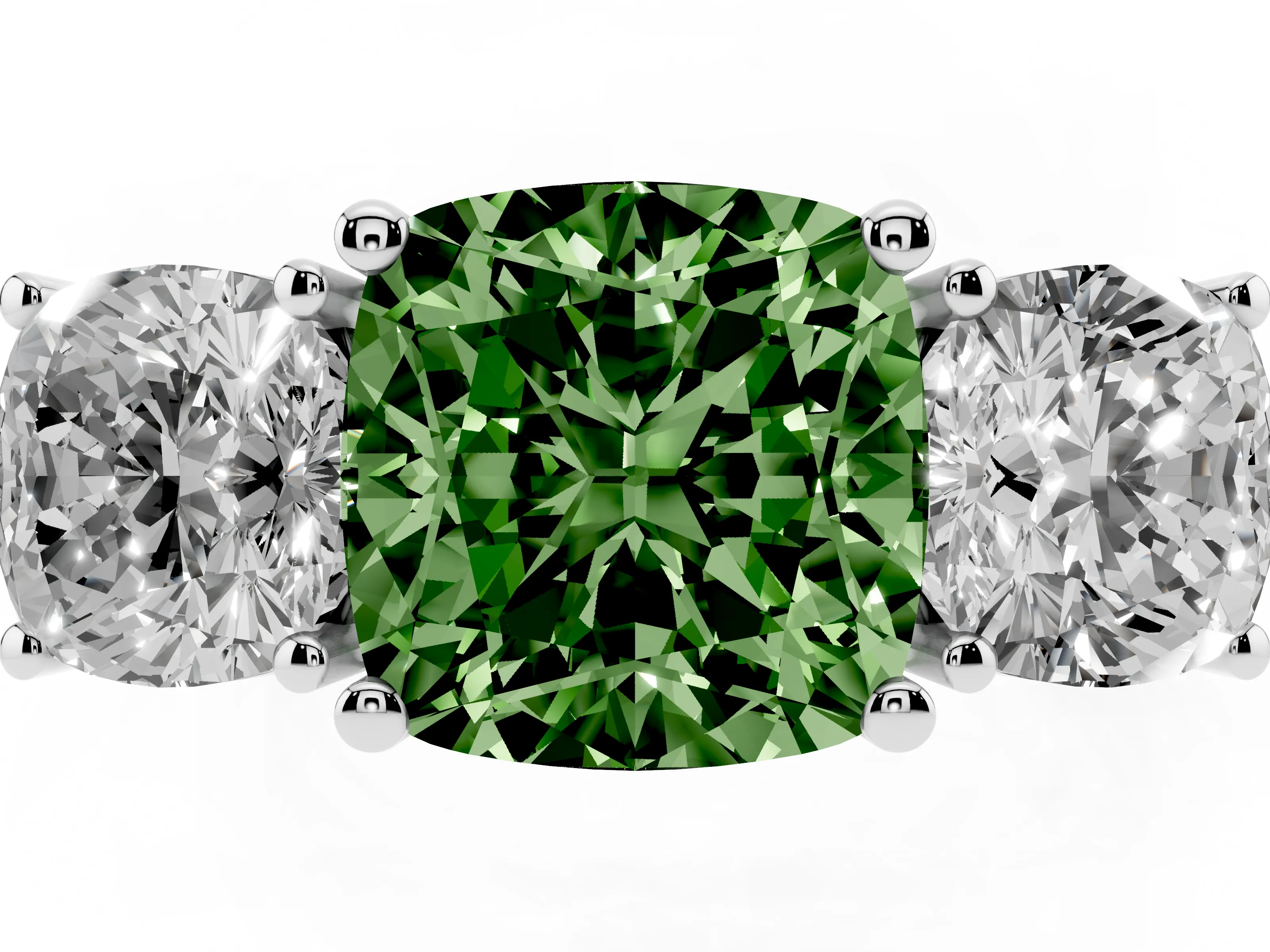 Fancy Green Cushion Cut Diamond Three-Stone Engagement Ring Set in Silver with Flat Band