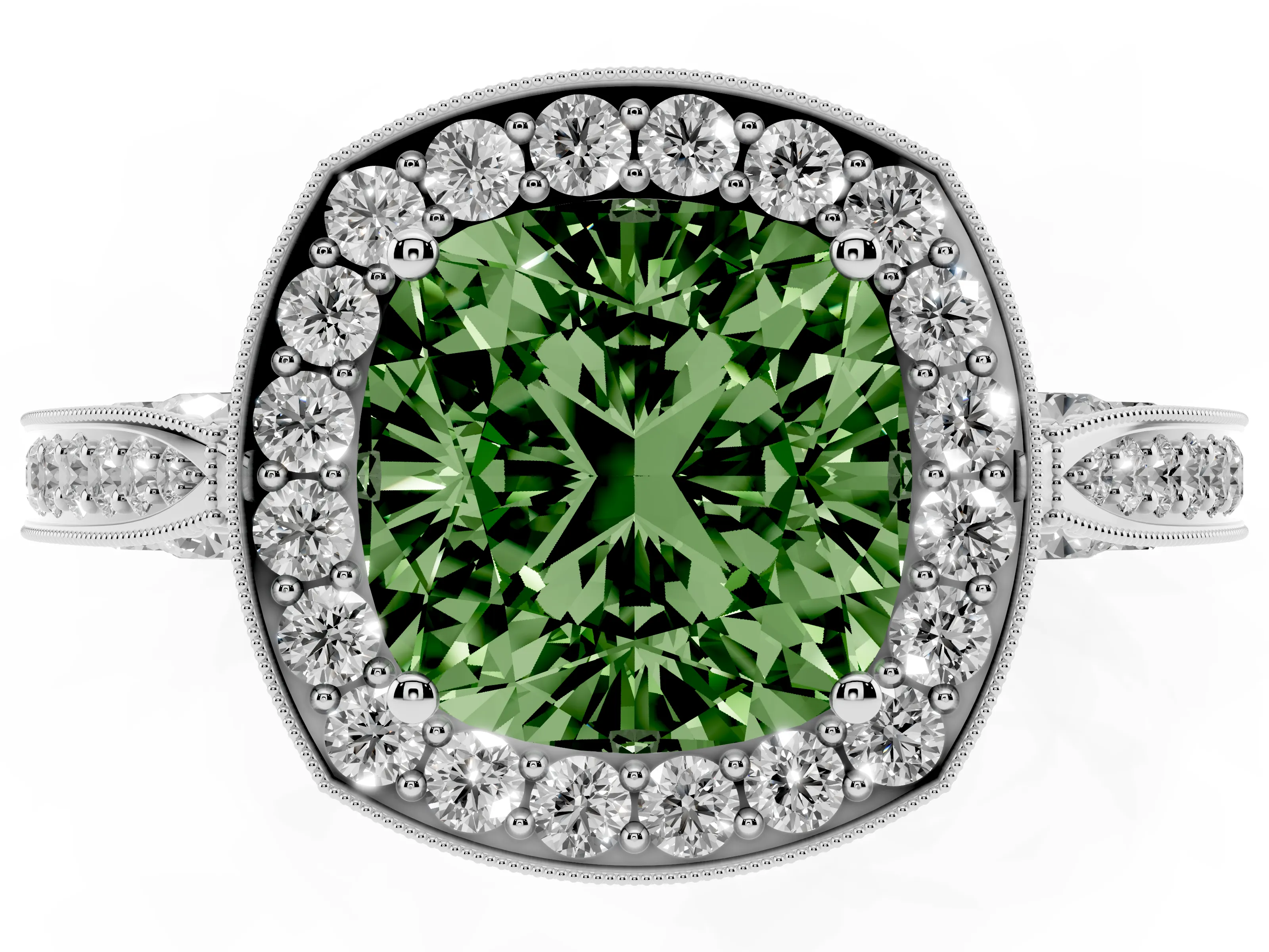 Fancy Green Cushion Cut Diamond Halo Engagement Ring Set in Platinum with Accent Split Shank Band