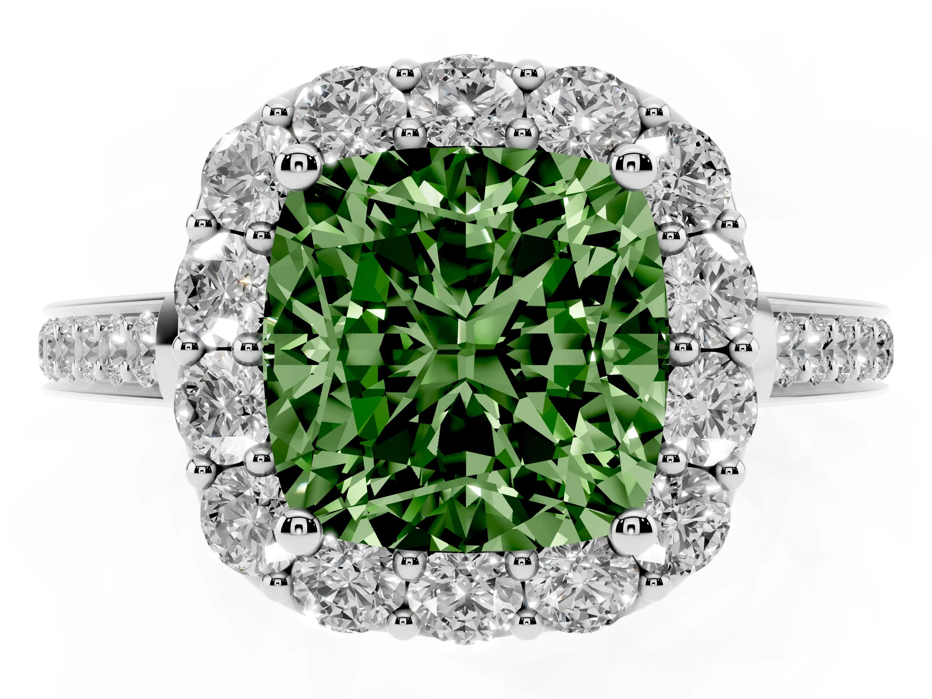 Fancy Green Cushion Cut Diamond Floral Halo Ring Set in Silver with Pavé Band and Prong Setting