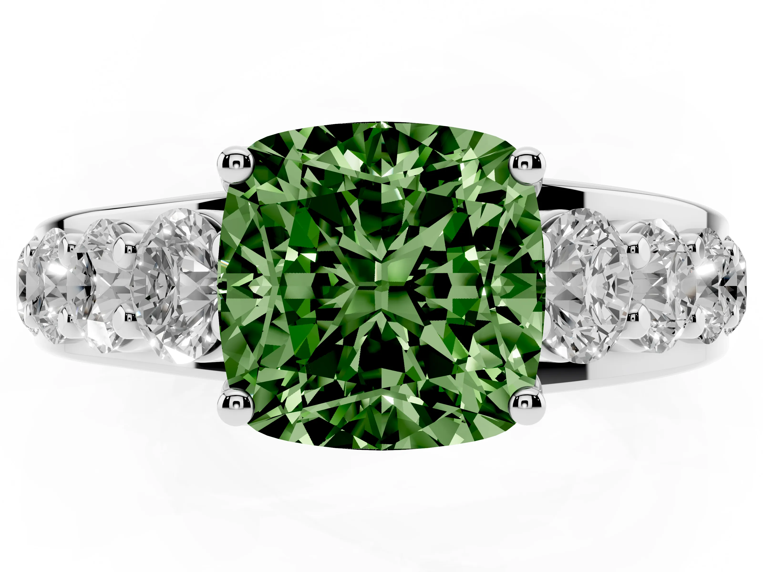 Fancy Green Cushion Cut Diamond Pavé Engagement Ring Set in Platinum with Prong Setting