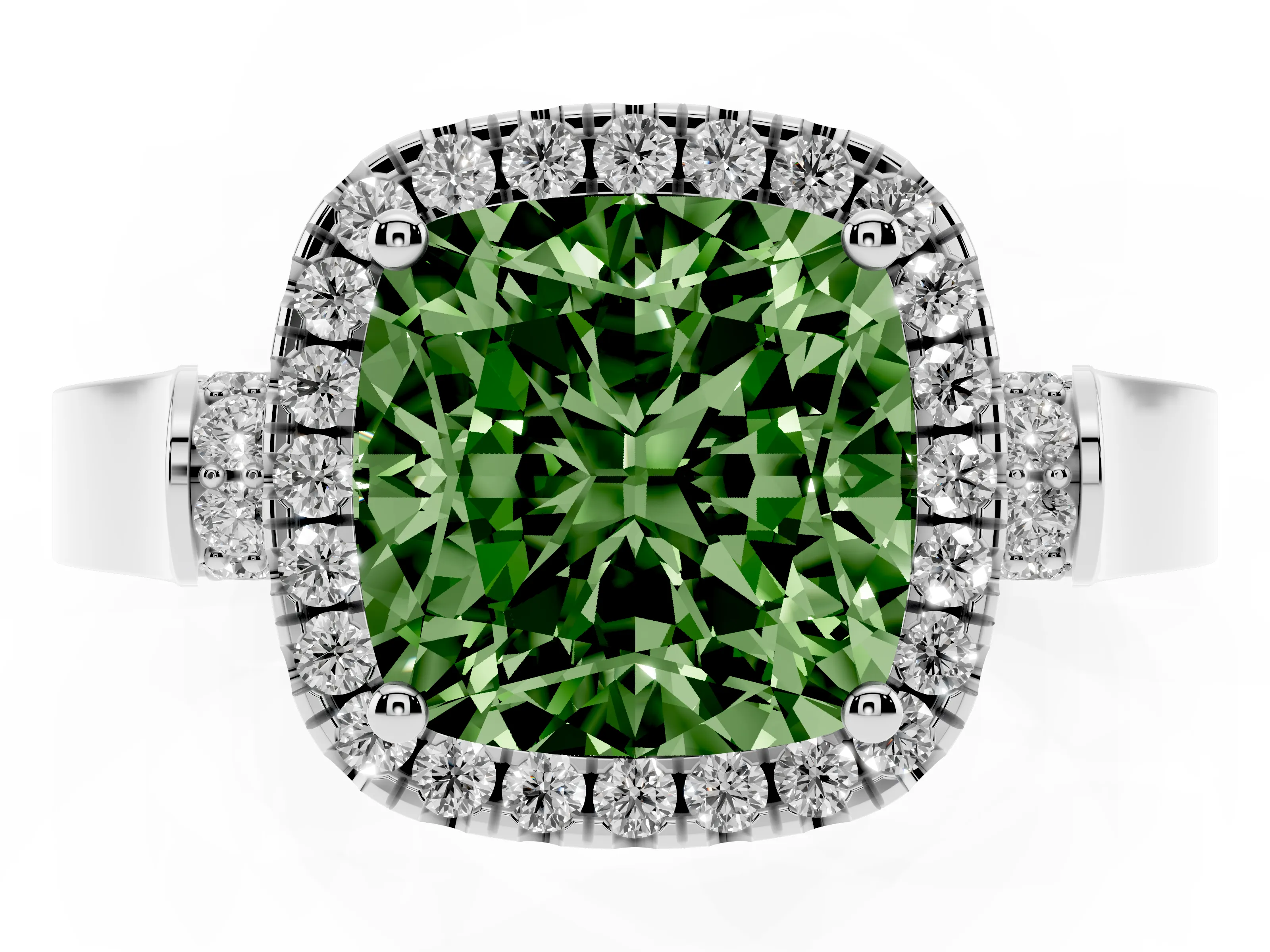 Fancy Green Cushion Cut Diamond Halo Ring Set in Silver with Pavé-Lined Split Shank Band