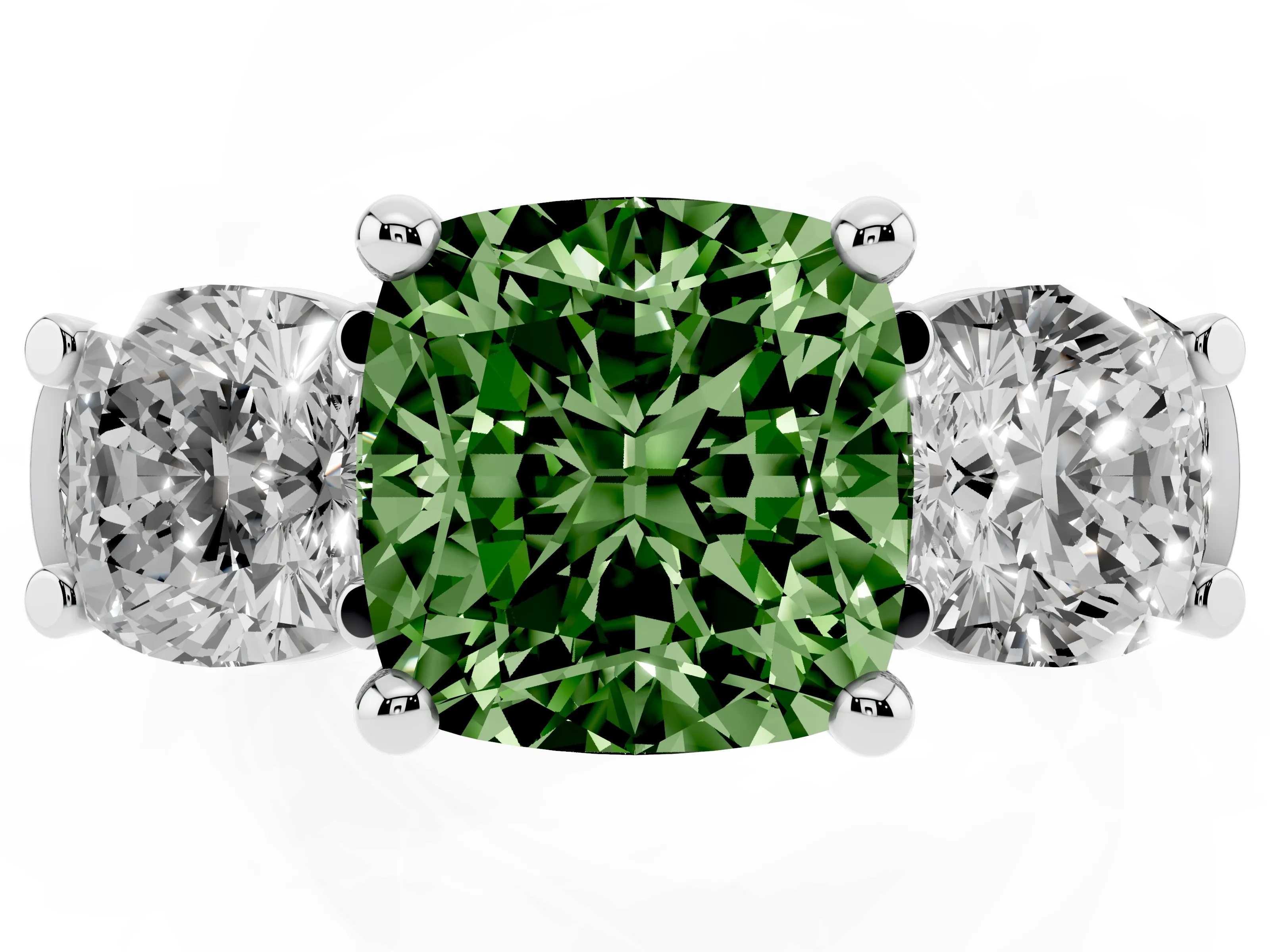 Fancy Green Cushion Cut Diamond Three-Stone Trellis Ring Set in Platinum with Comfort Fit Band