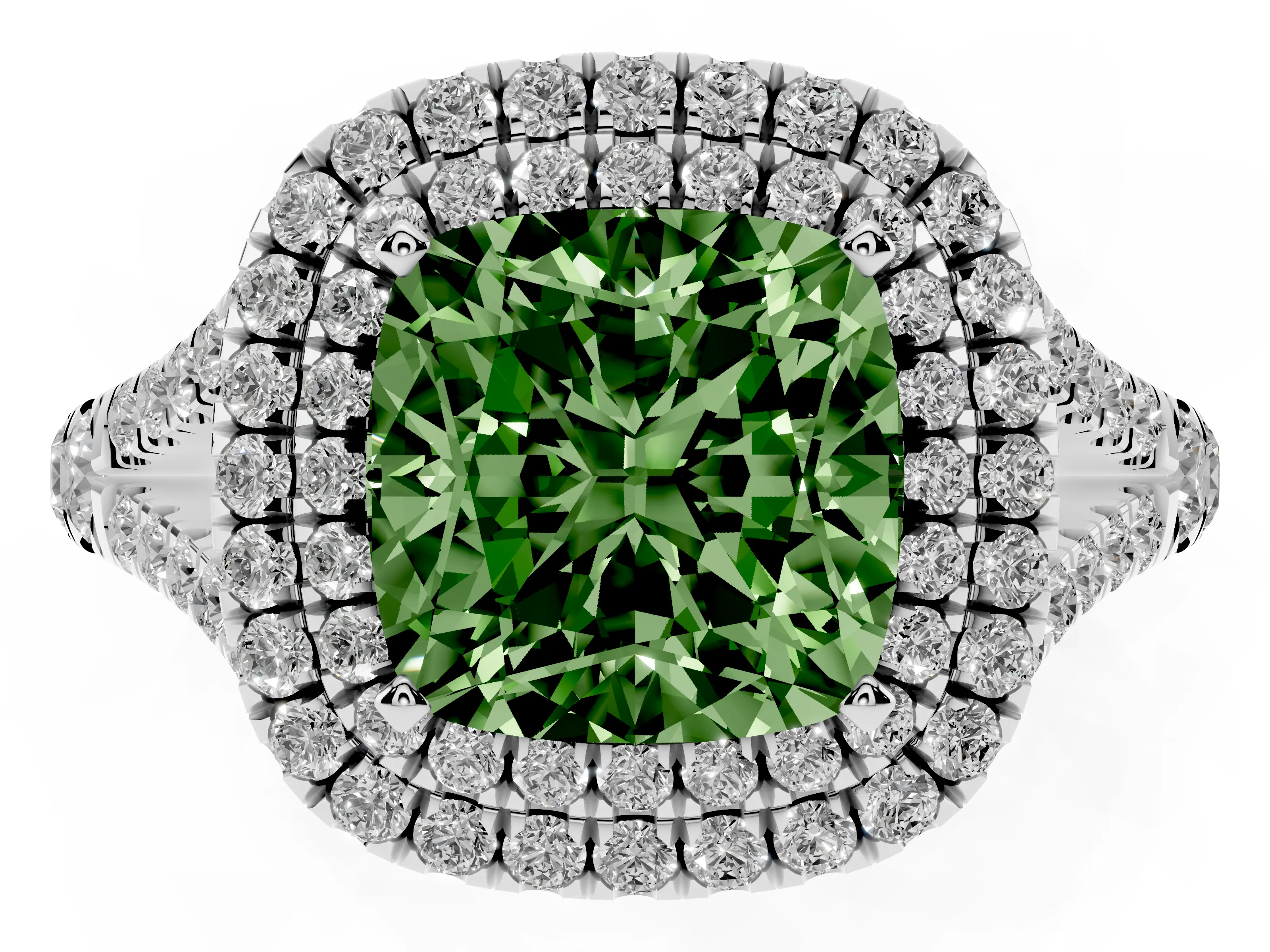 Fancy Green Cushion Cut Diamond Pavé Split Shank Double Halo Engagement Ring Set in Silver