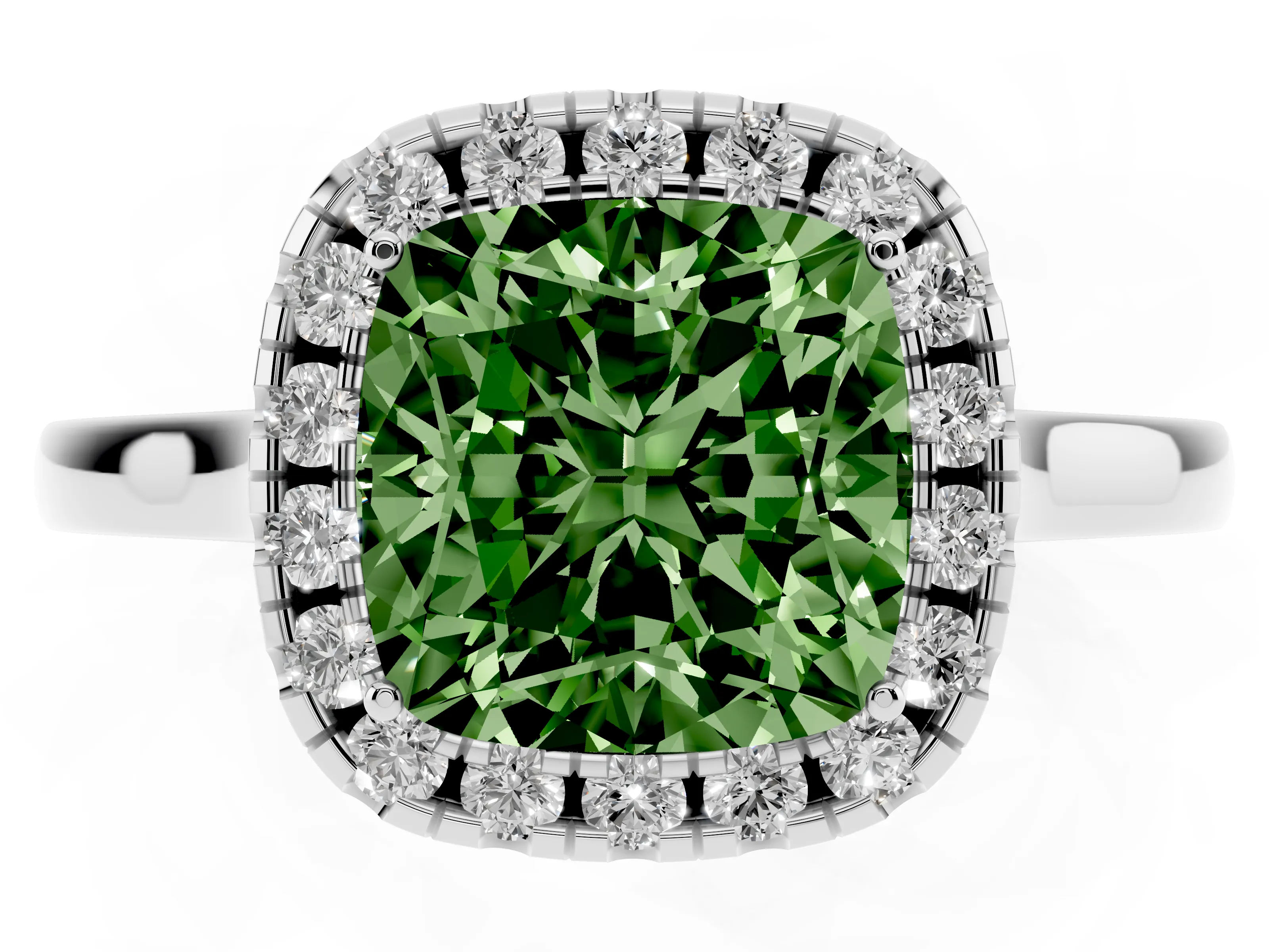 Fancy Green Cushion Cut Halo Round Diamond Solitaire Ring Set in White gold with Pavé Band and Prong Setting