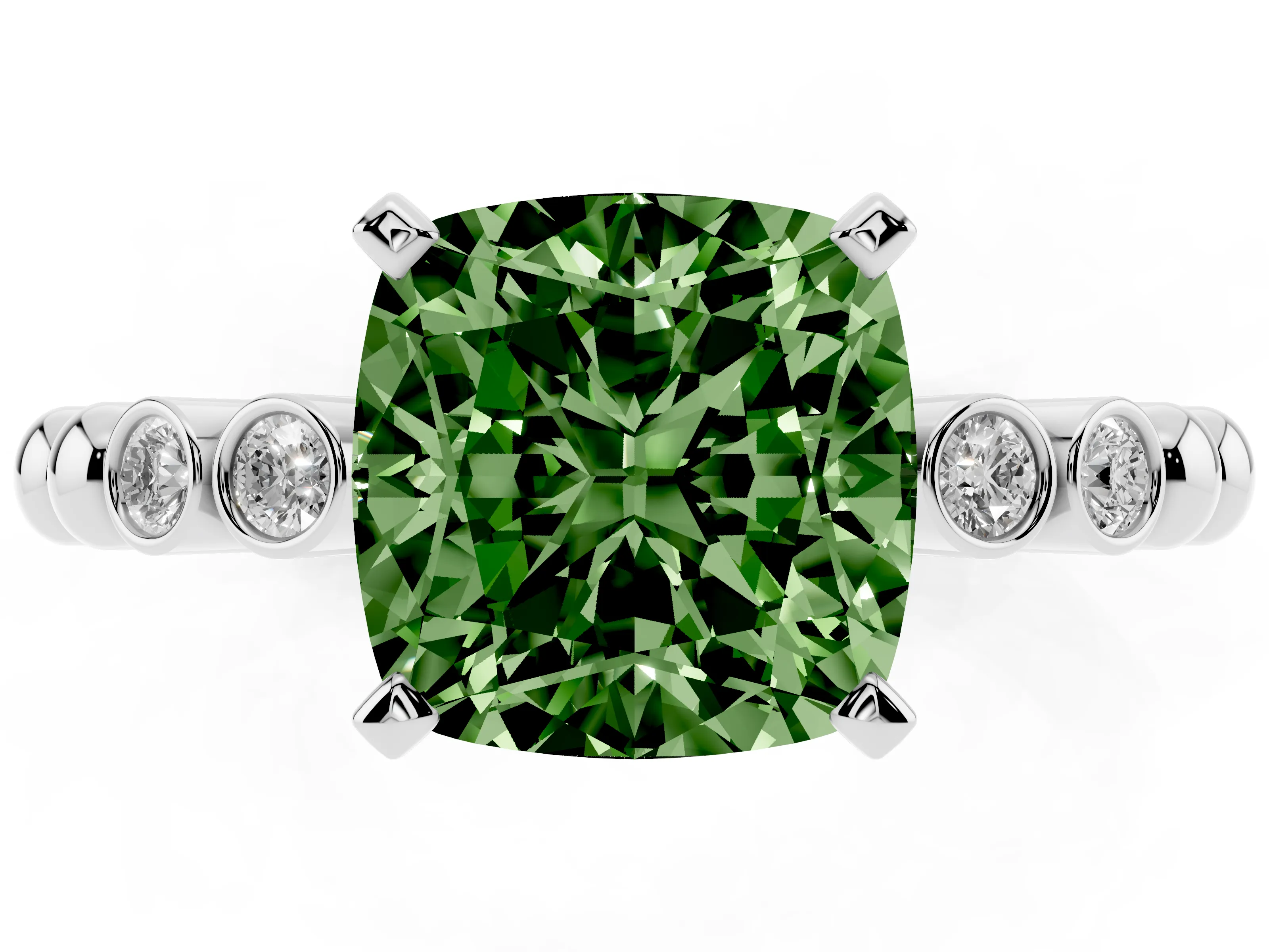 Fancy Green Cushion Cut Diamond Solitaire Engagement Ring Set in Platinum with Bezel Accents on Beaded Band