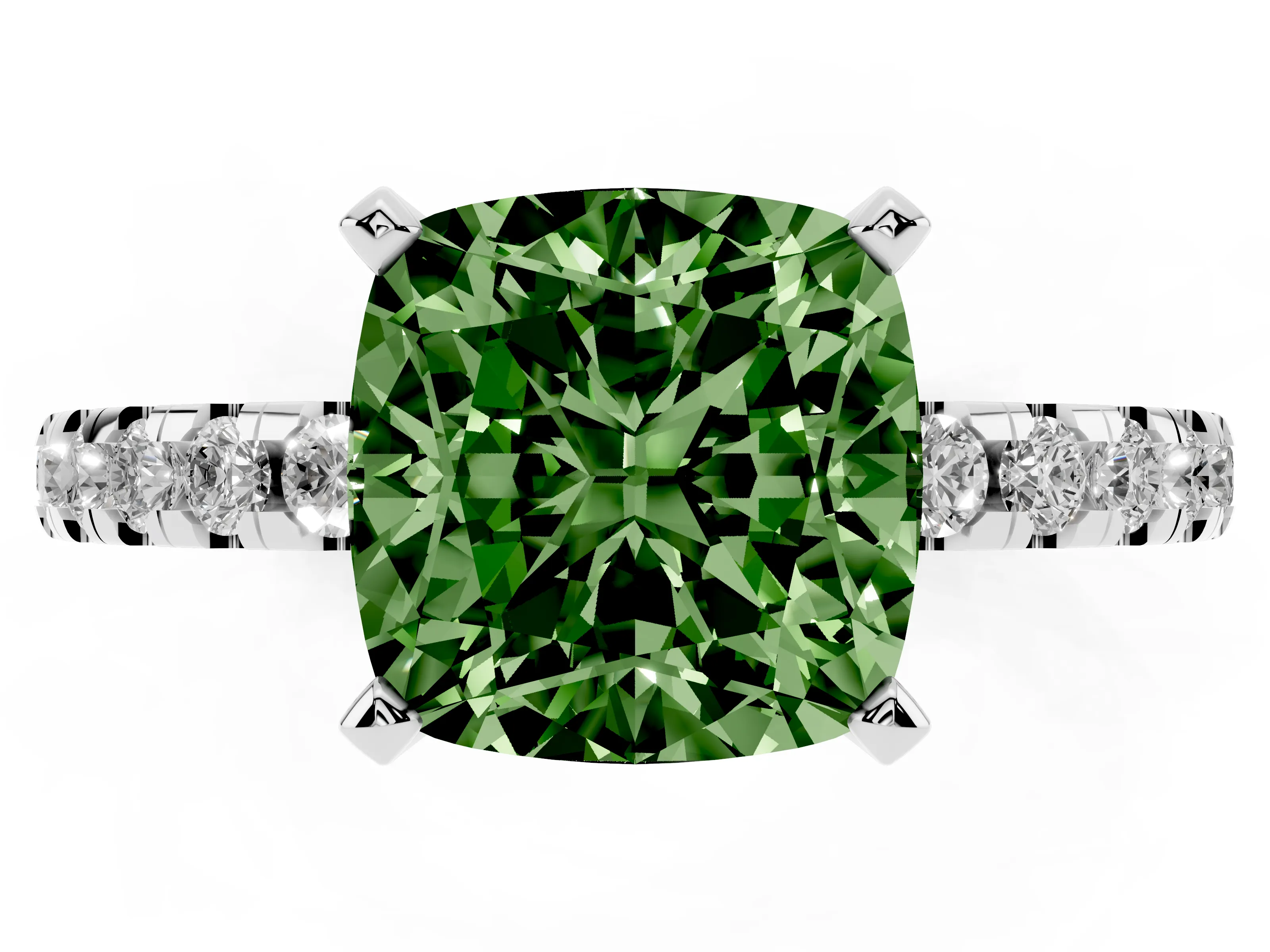 Fancy Green Cushion Cut Diamond Pavé Solitaire Ring Set in Platinum with Round Band Accents and Prong Setting