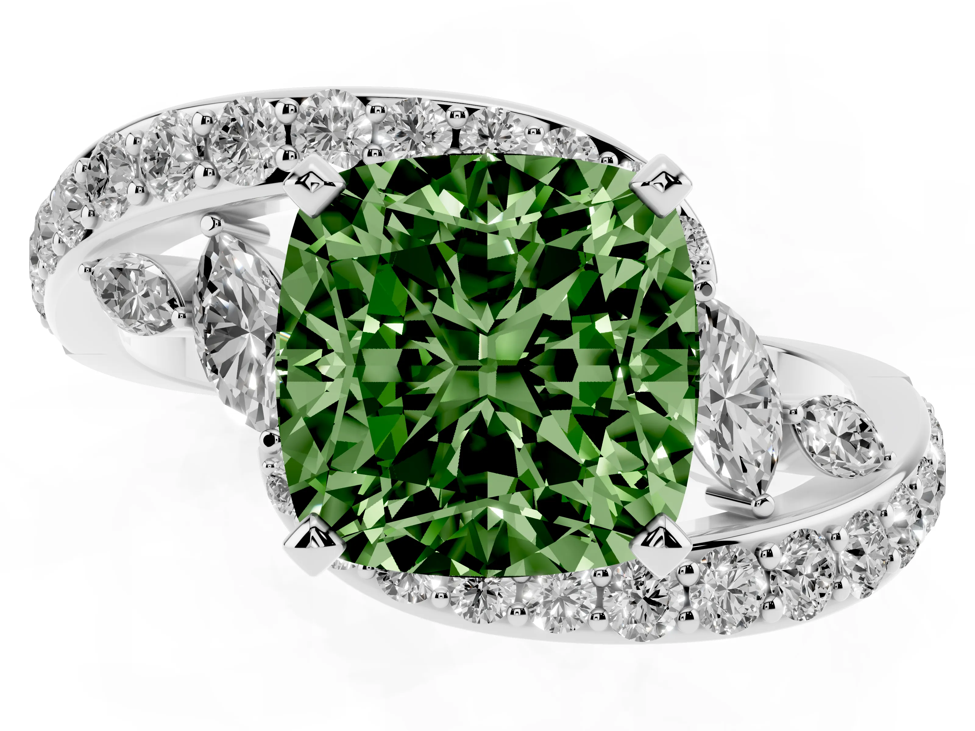 Fancy Green Cushion Cut Diamond Solitaire Ring Set in Platinum with Filigree Band and Prong Setting