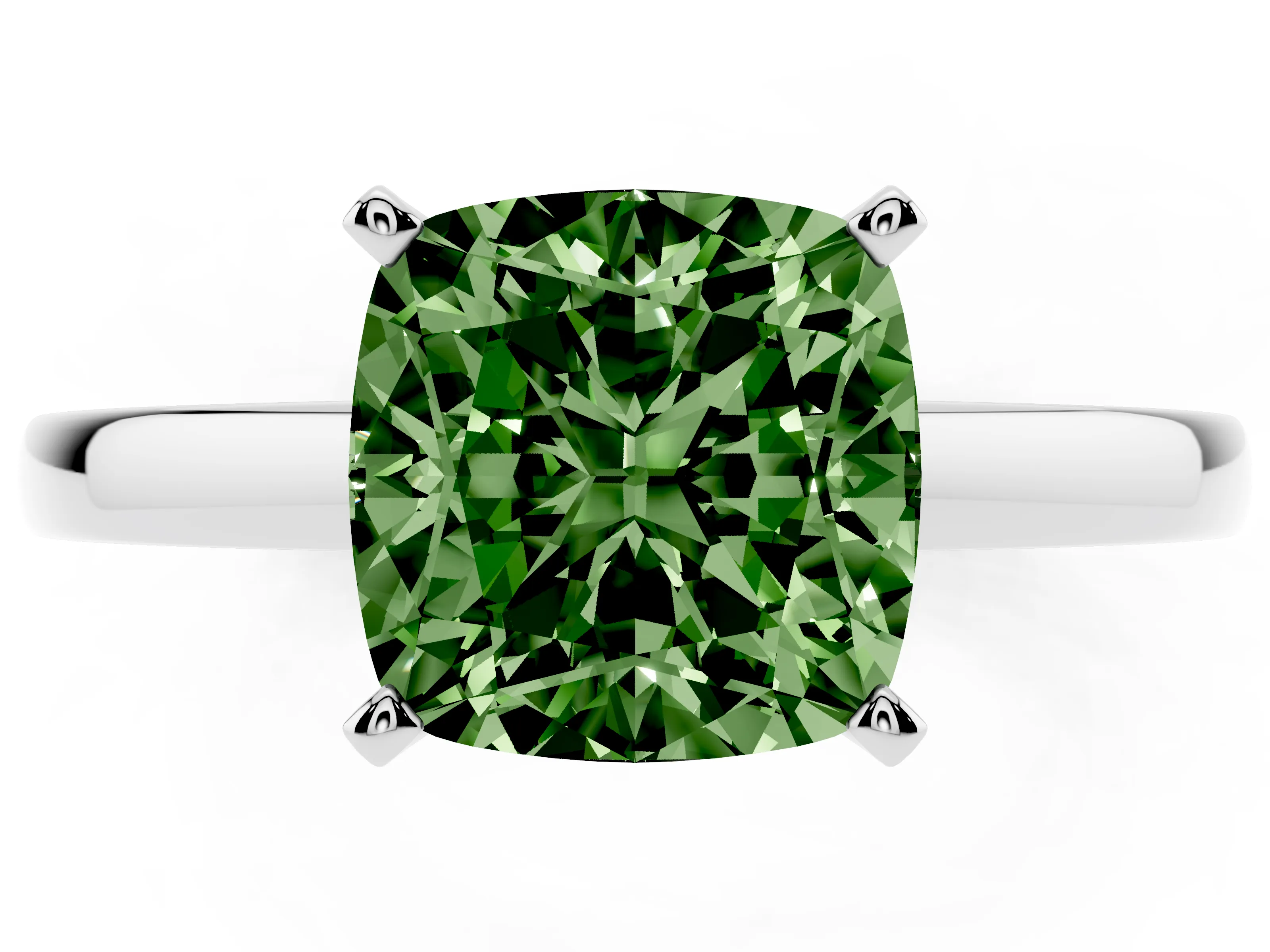 Fancy Green Cushion Cut Diamond Solitaire Engagement Ring Set in White gold with Prong Setting on a Classic Band