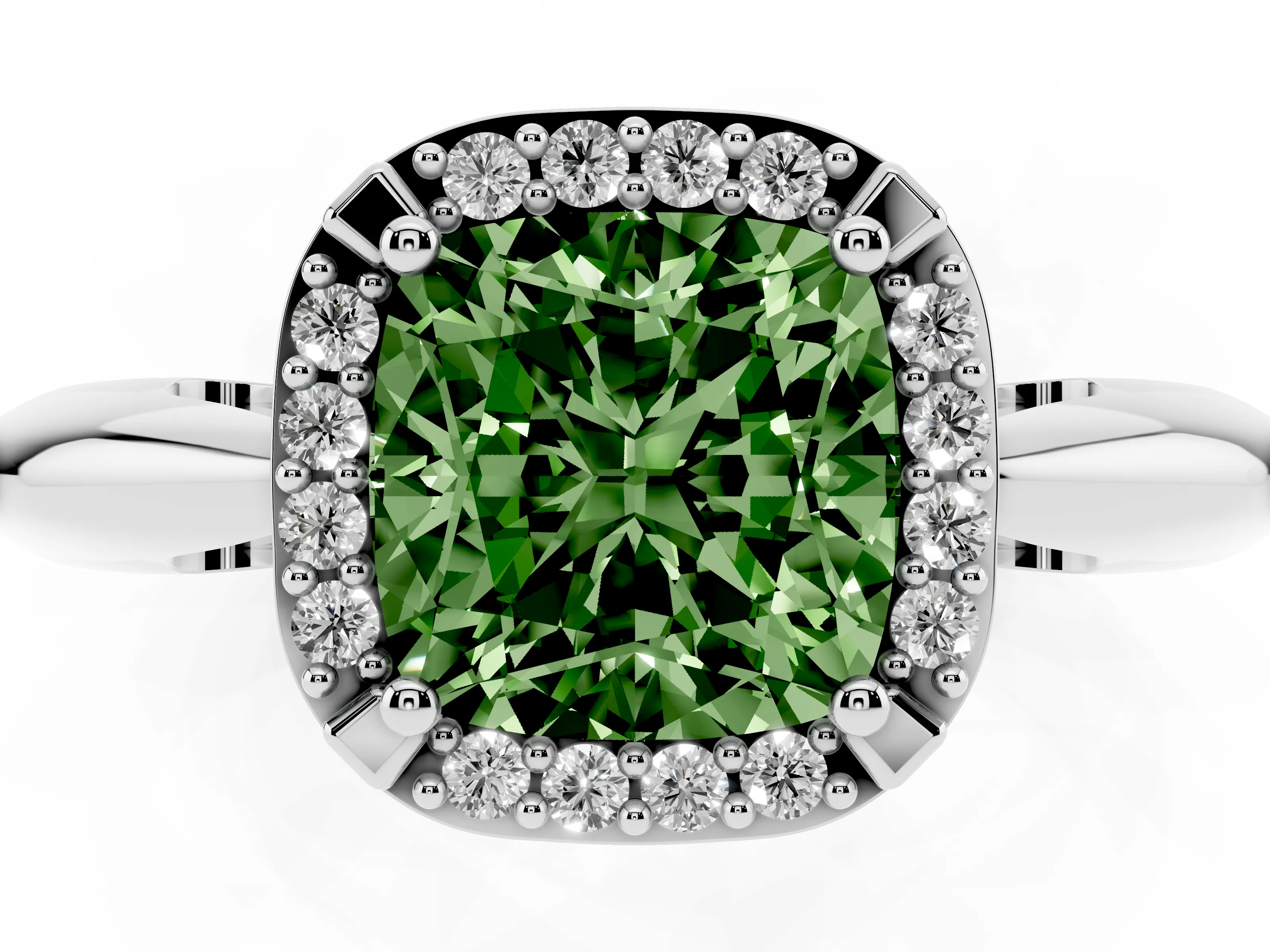 Fancy Green Cushion Cut Diamond Halo Engagement Ring Set in Silver with Plain Split Shank and Prong Setting