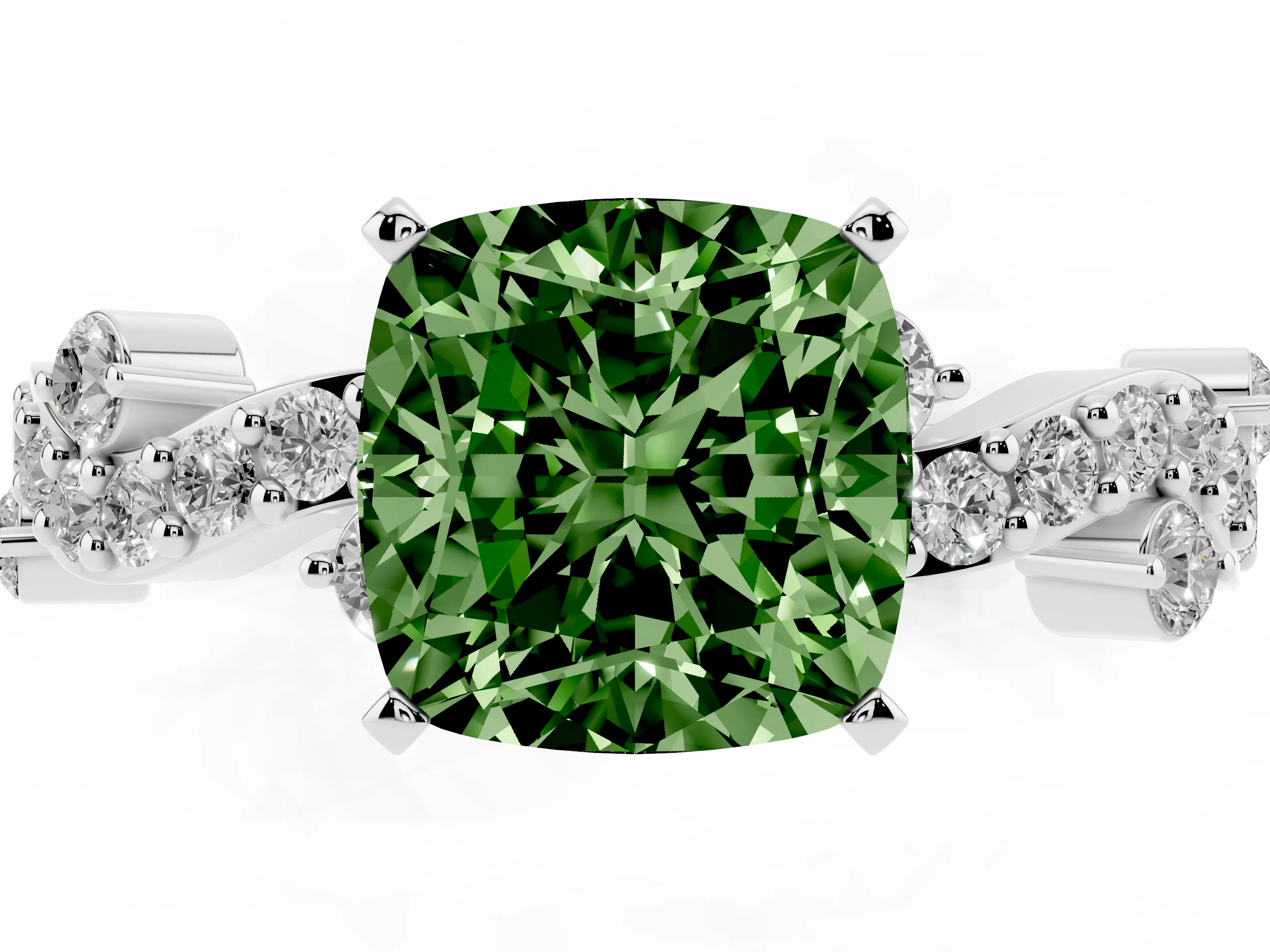 Fancy Green Cushion Cut Diamond Solitaire Twisted Band Set in White gold with Pavé Setting