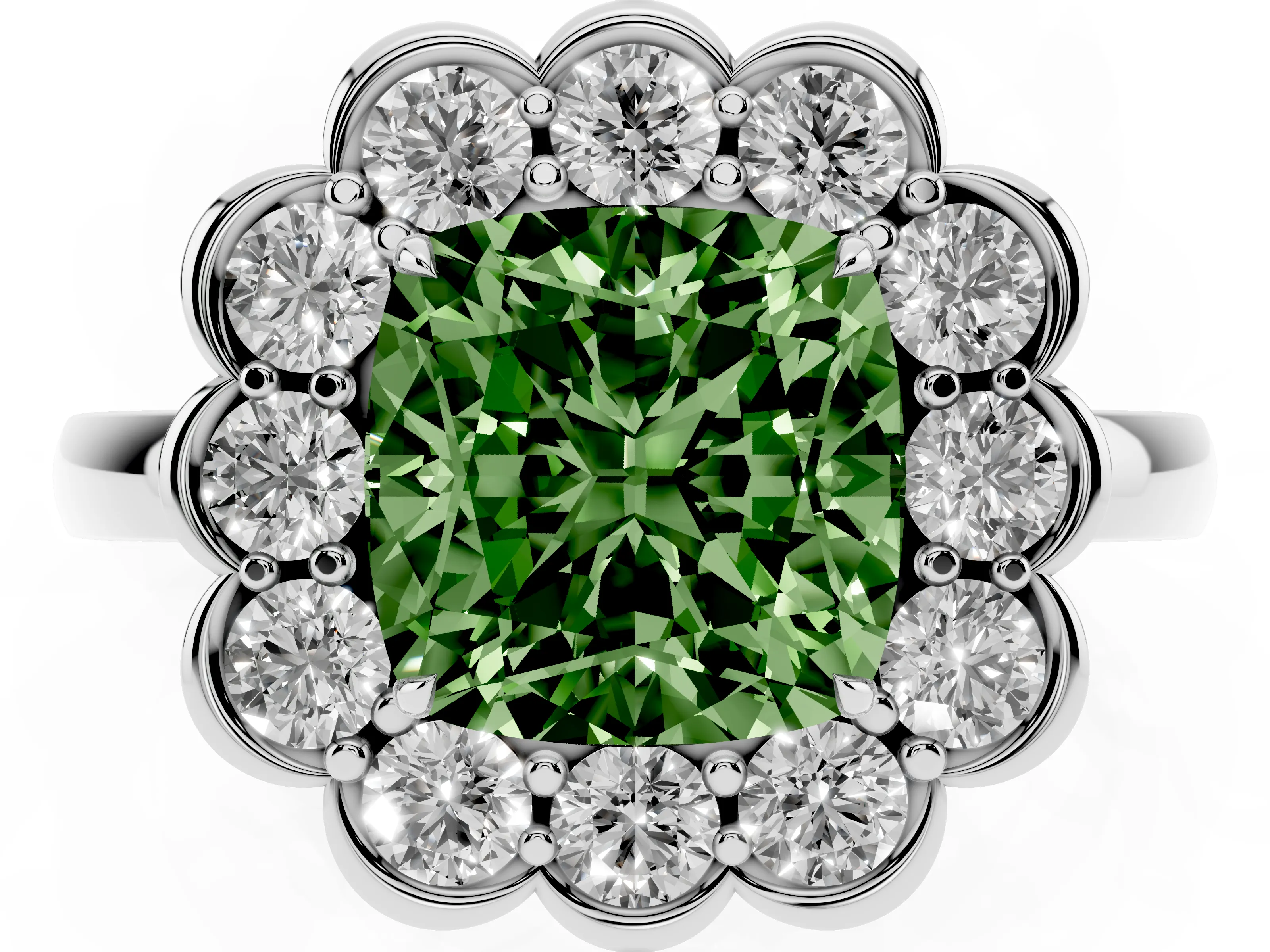 Fancy Green Cushion Cut Diamond Halo Cluster Engagement Ring Set in White gold with Solitaire Band and Prong Setting