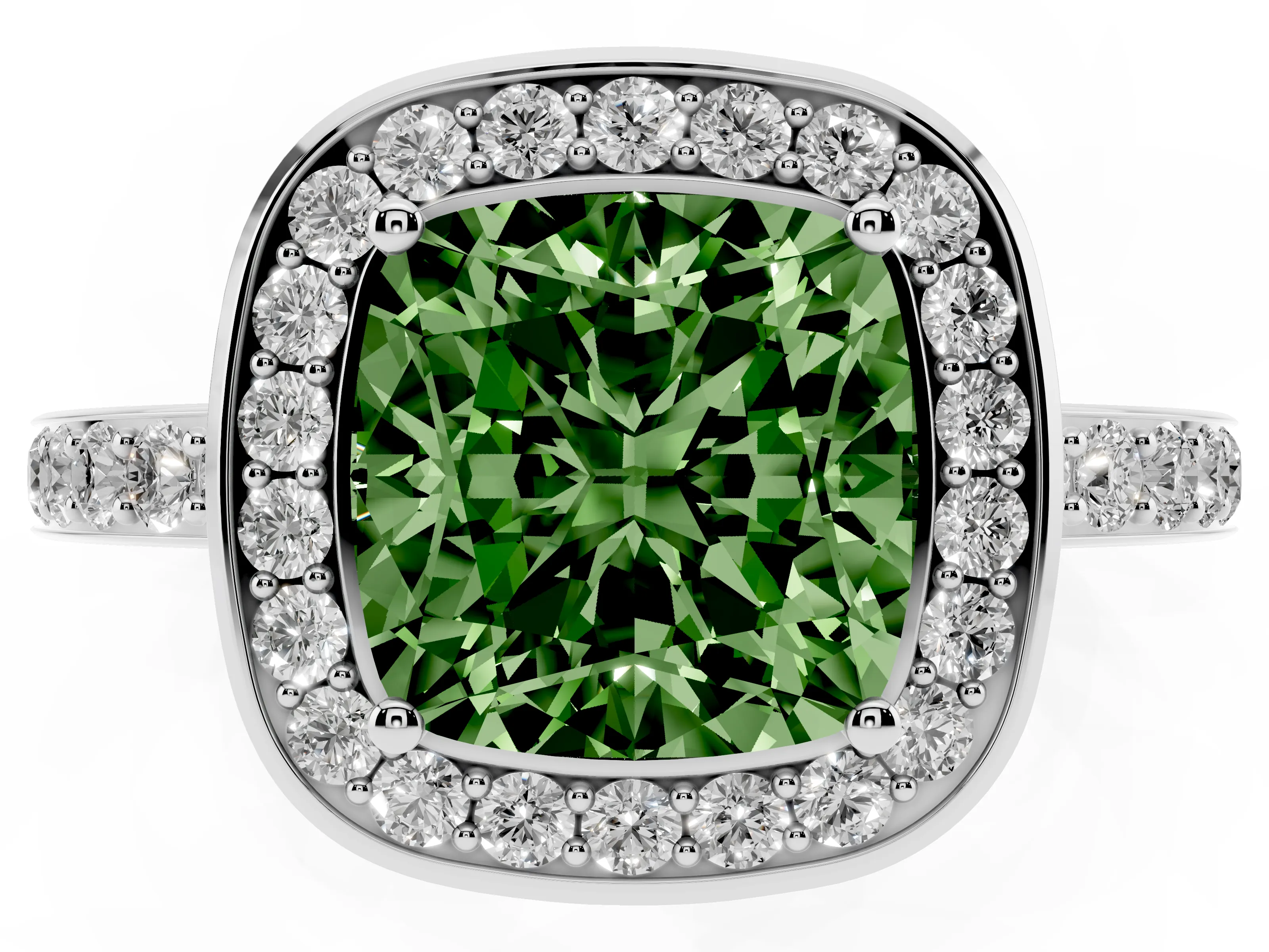 Fancy Green Cushion Cut Diamond Halo Ring Set in White gold with Bezel Frame and Pavé Band