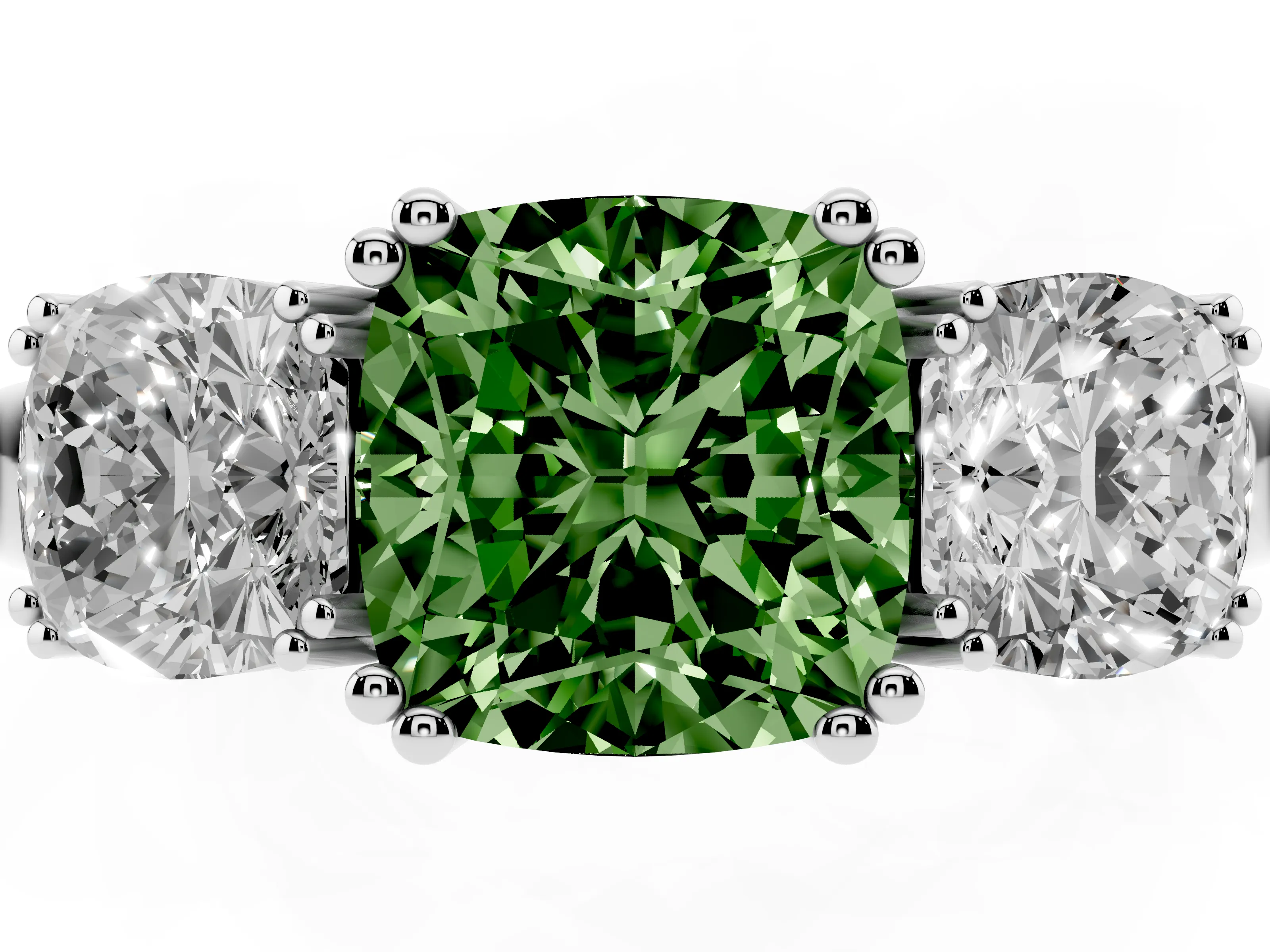 Fancy Green Cushion Cut Diamond Three-Stone Ring Set in Silver with Polished Band and Prong Setting