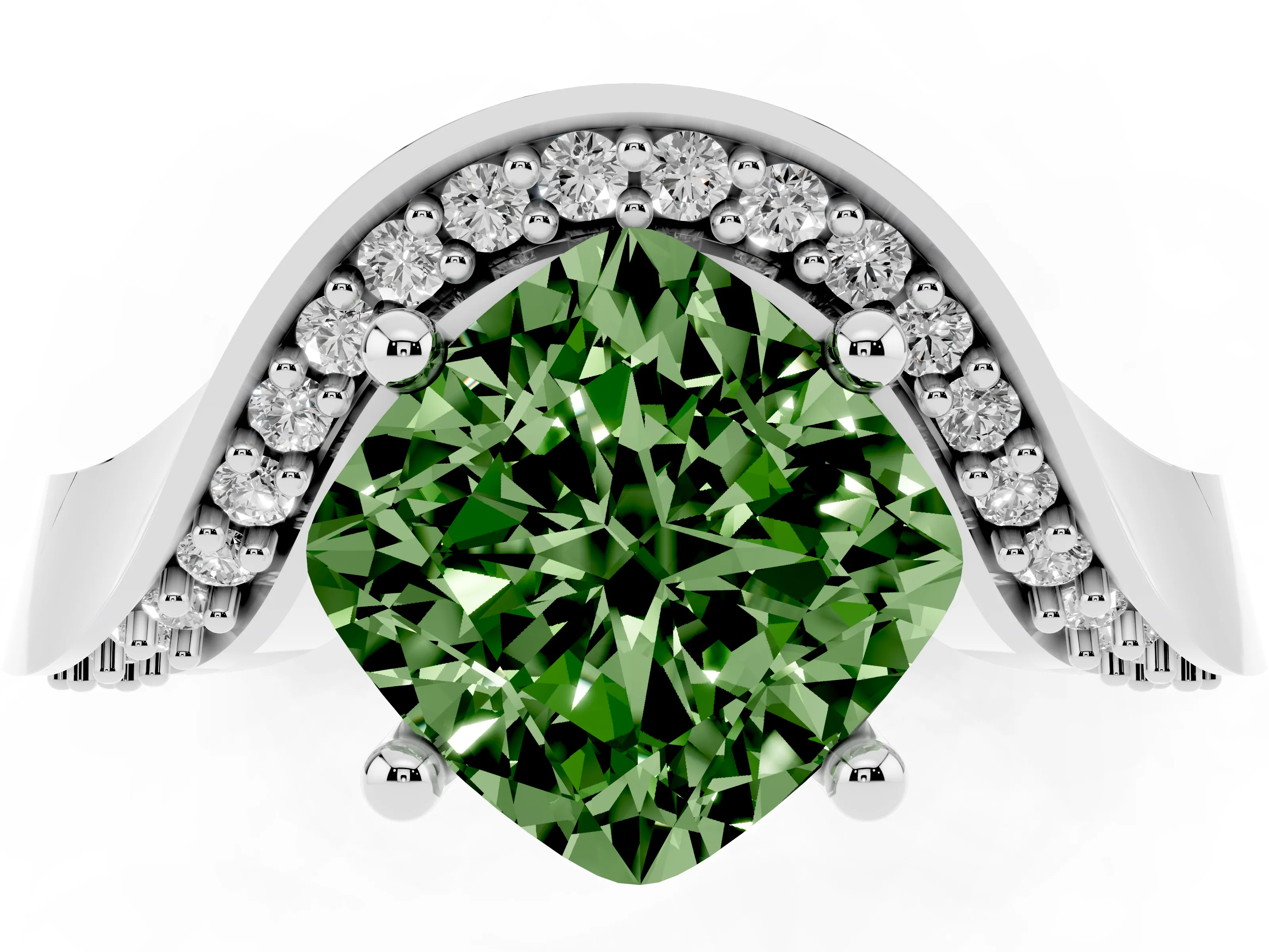 Fancy Green Cushion Cut Diamond Solitaire Engagement Ring Set in White gold with Pavé Shoulders