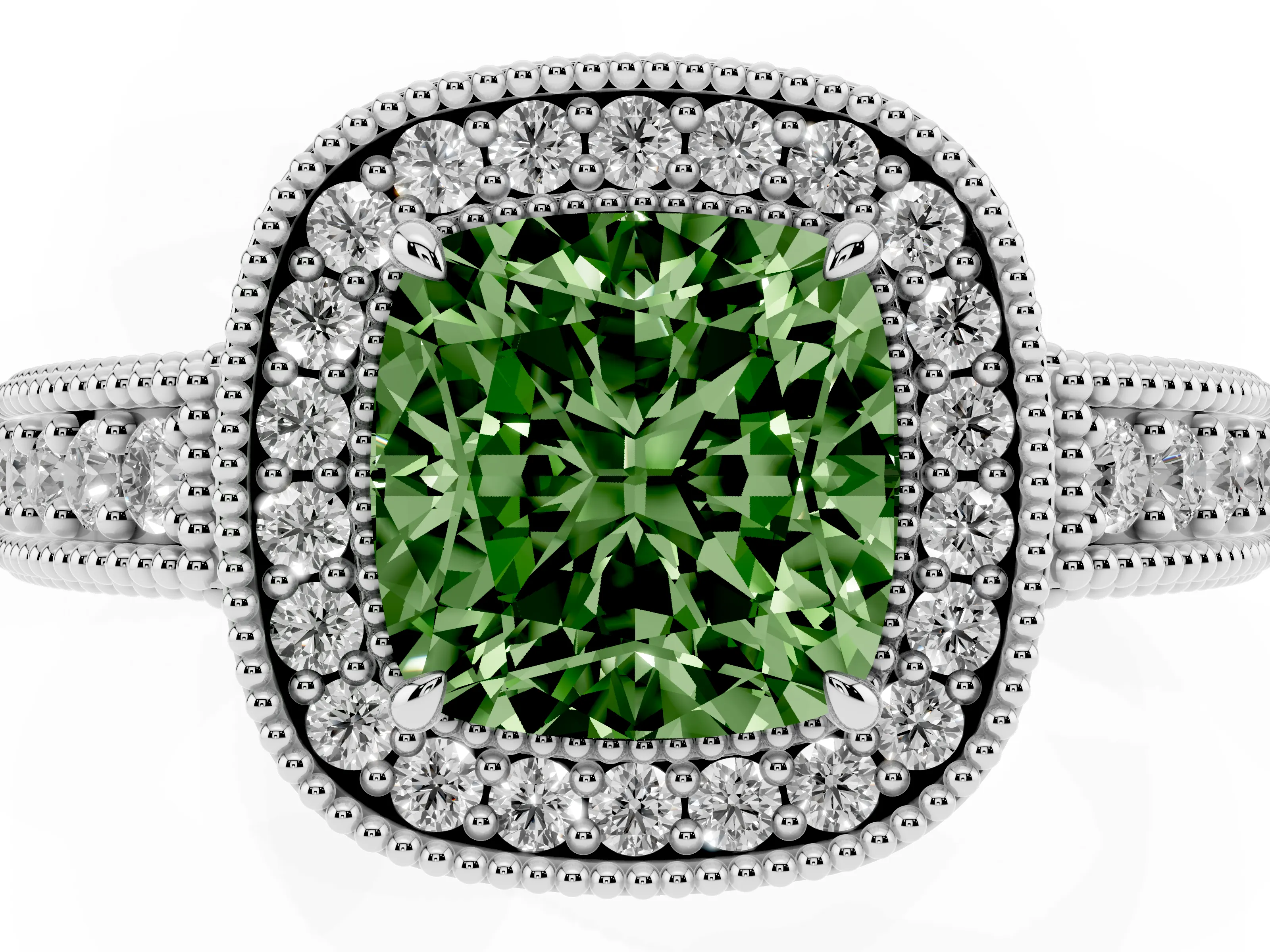 Fancy Green Cushion Cut Diamond Halo Ring Set in White gold with Round Accent Halo, Pavé Band and Prong Setting
