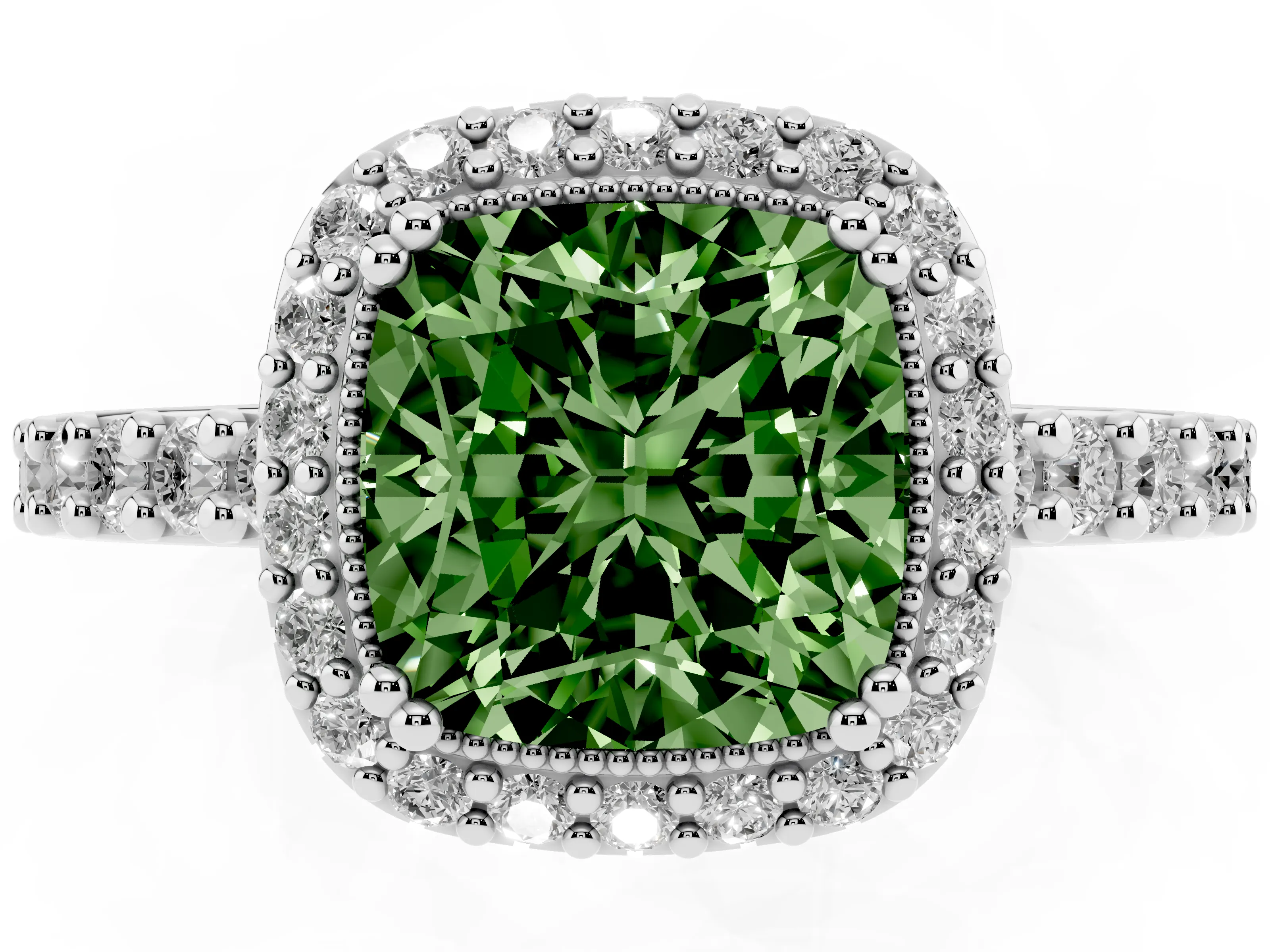 Fancy Green Cushion Cut Diamond Halo Engagement Ring Set in Silver with Milgrain Detail and Pavé Band