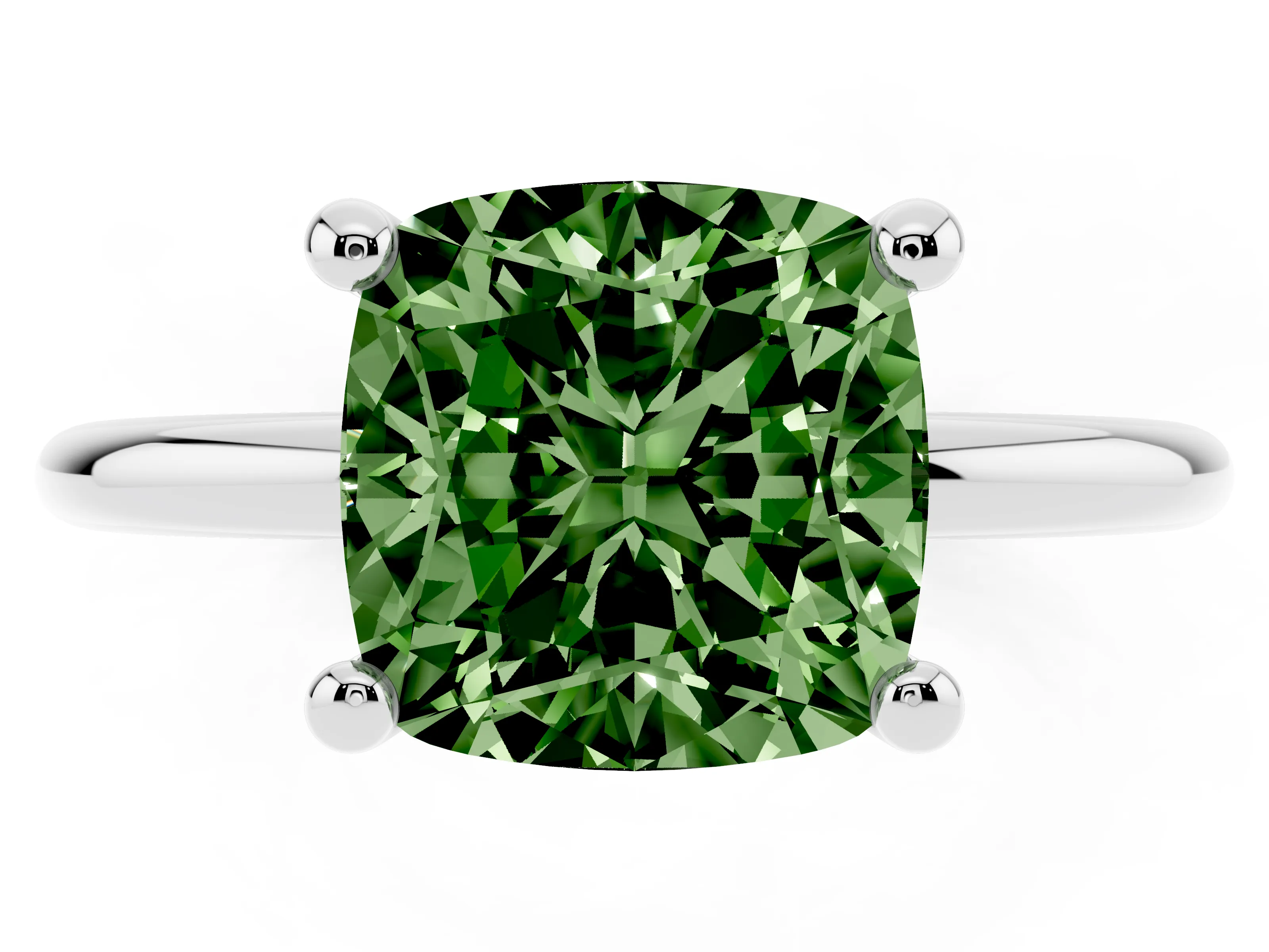 Fancy Green Cushion Cut Diamond Solitaire Ring Set in Platinum with Secure Prong Setting on a Classic Band
