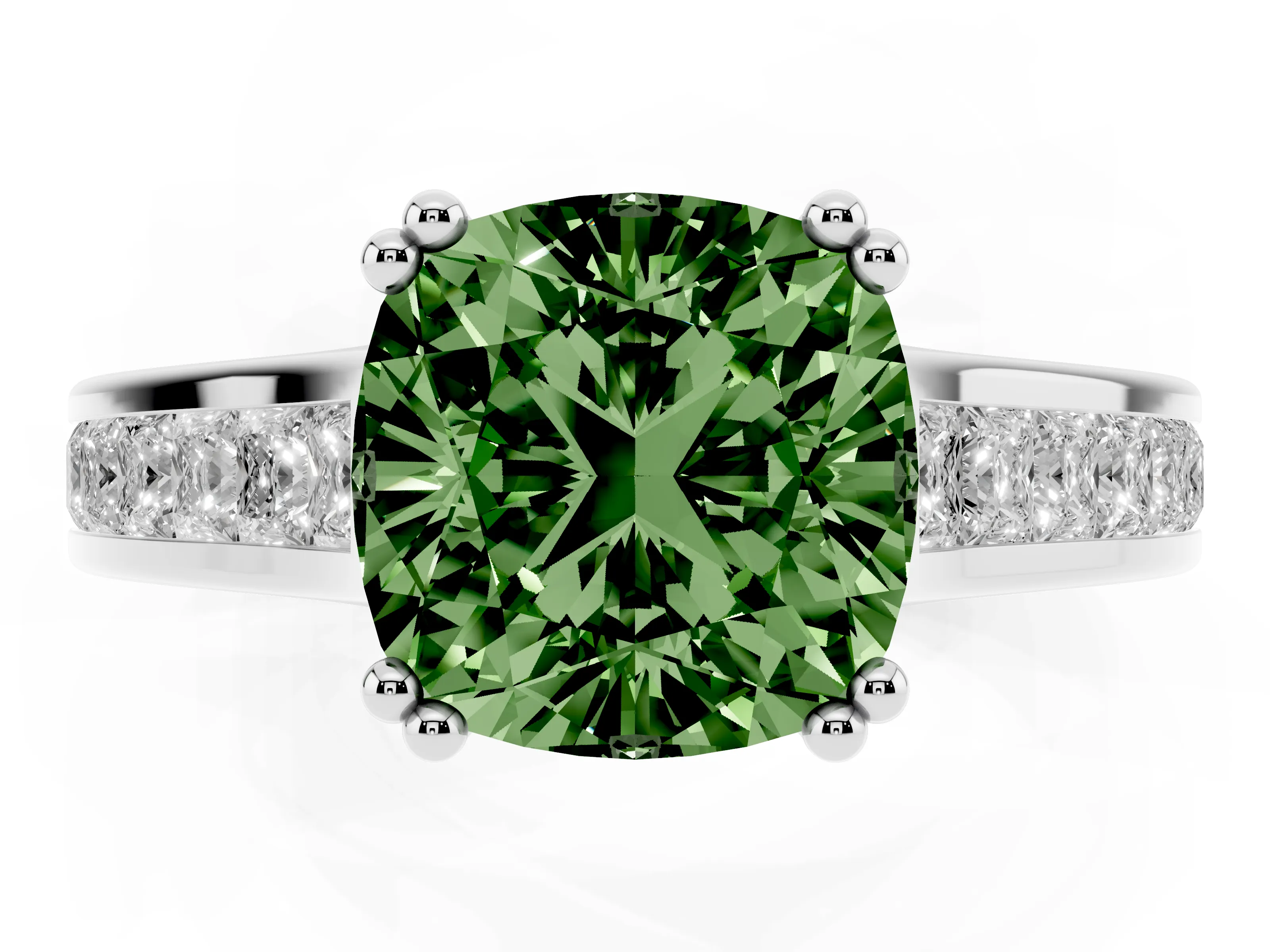 Fancy Green Cushion Cut Diamond Channel Set Solitaire Engagement Ring Set in Silver with Prong Setting