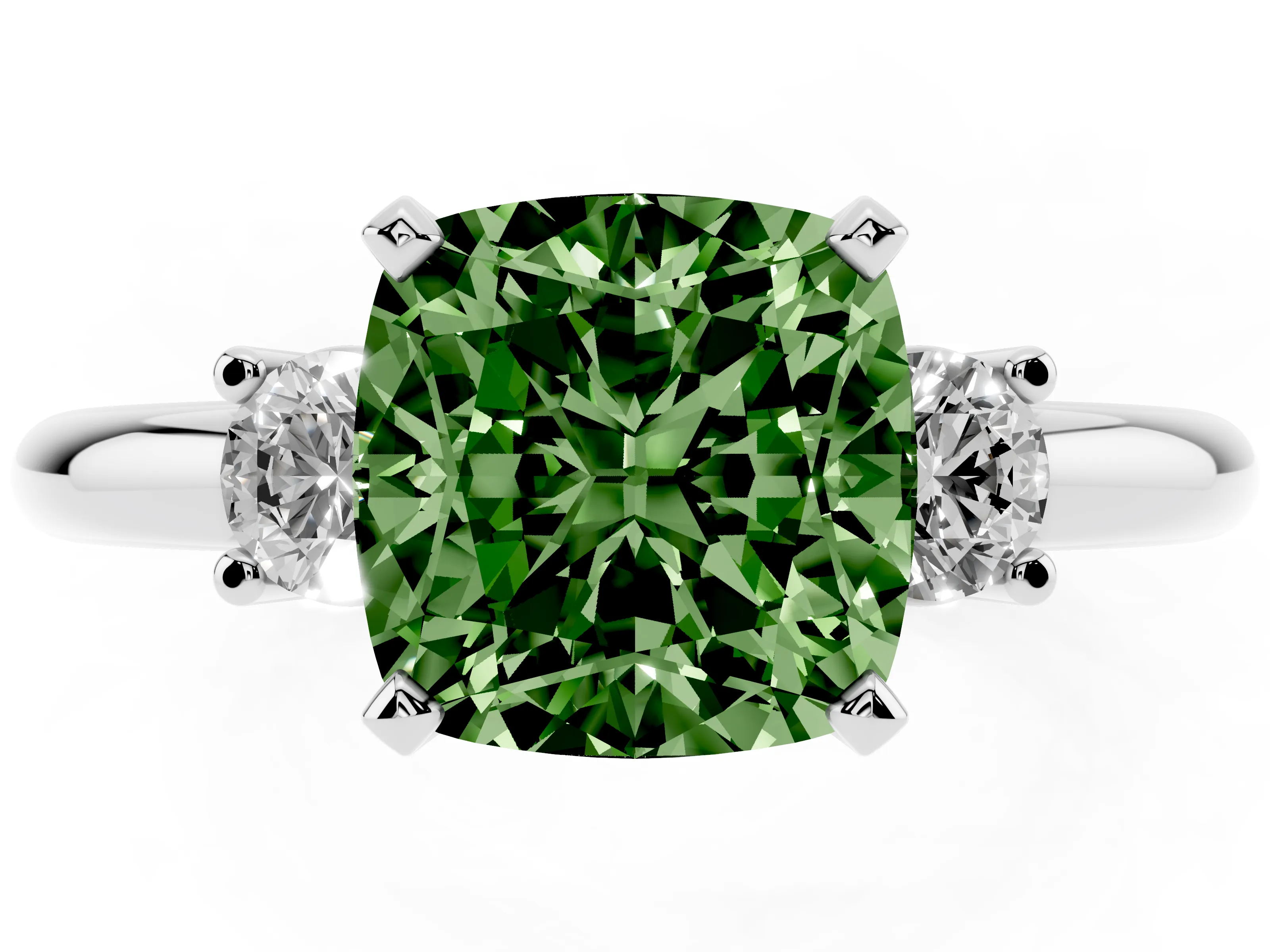 Fancy Green Three-Stone Cushion Cut Diamond Ring Set in Silver with Prong Setting and Plain Band