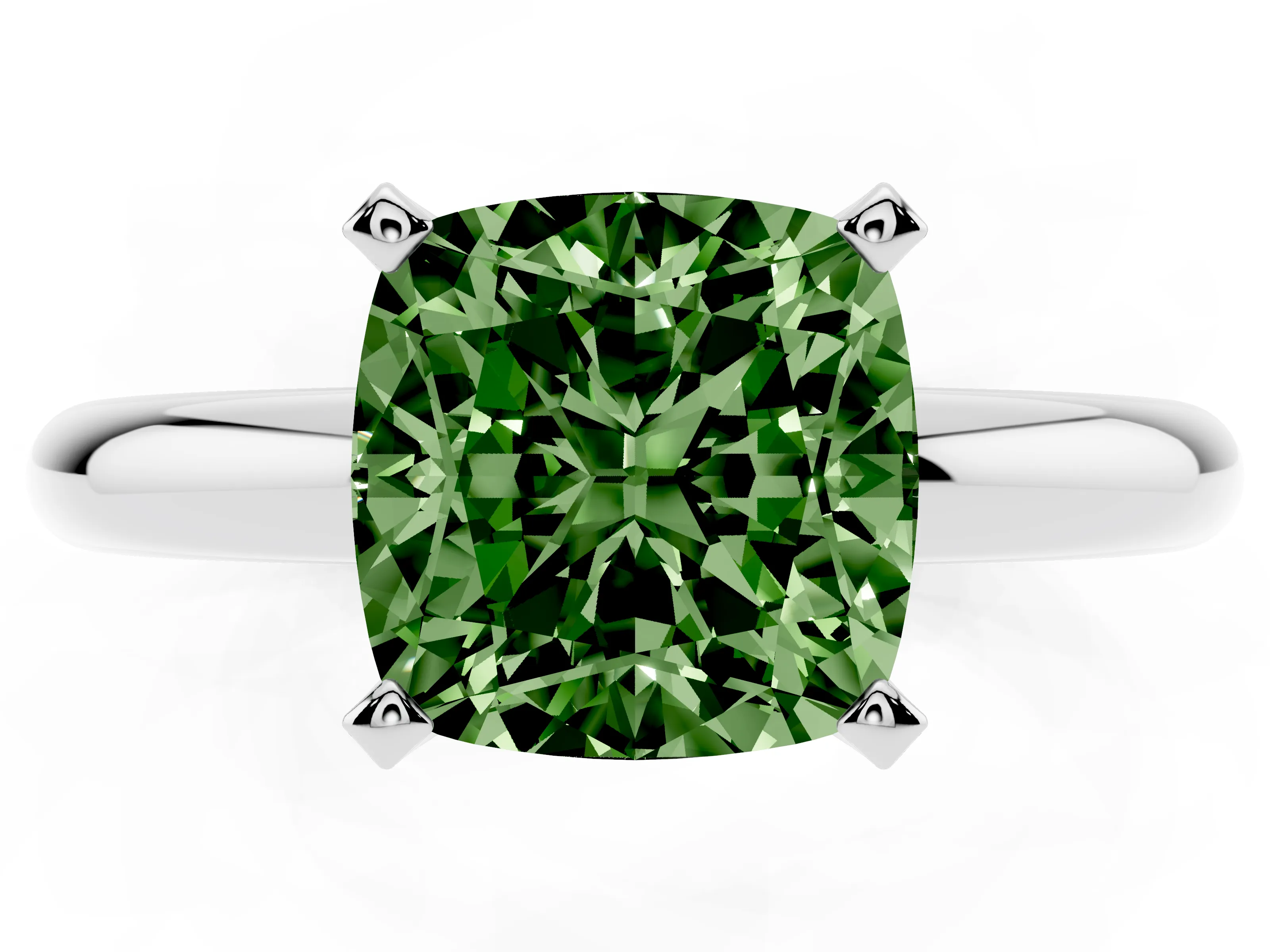 Fancy Green Cushion Cut Diamond Solitaire Engagement Ring Set in White gold with Round Band and Prong Setting