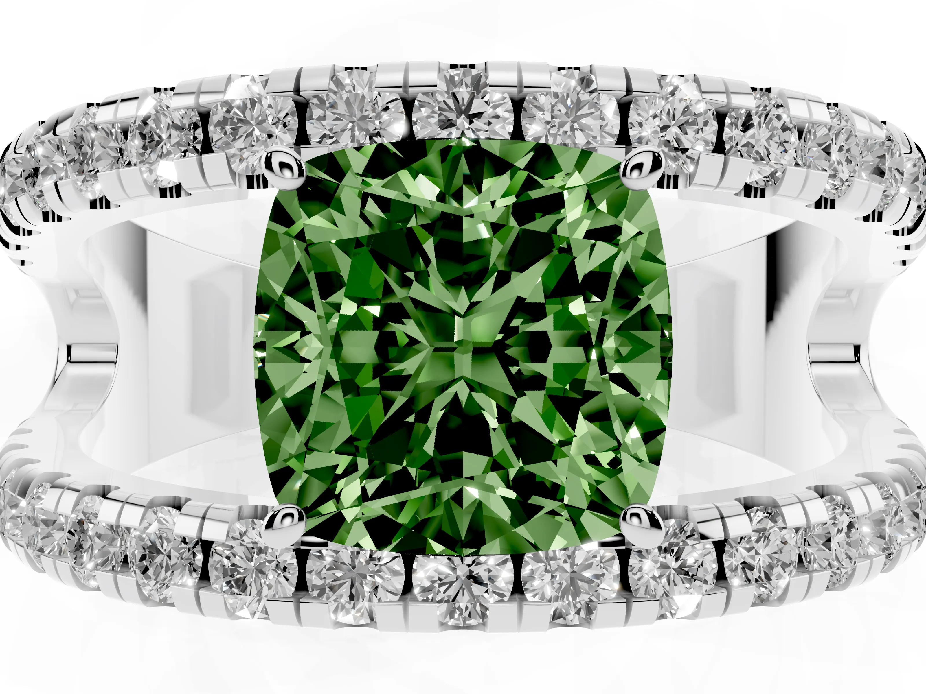 Fancy Green Cushion Cut Diamond Split Shank Pavé Solitaire Ring Set in Platinum with Open Shank Design