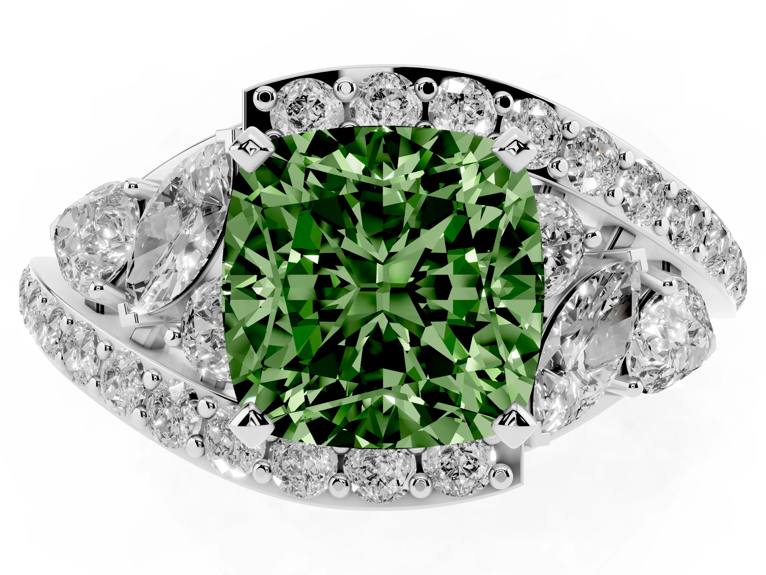 Fancy Green Cushion Cut Diamond Halo Ring Set in Silver with Marquise and Pavé Band in Prong Setting