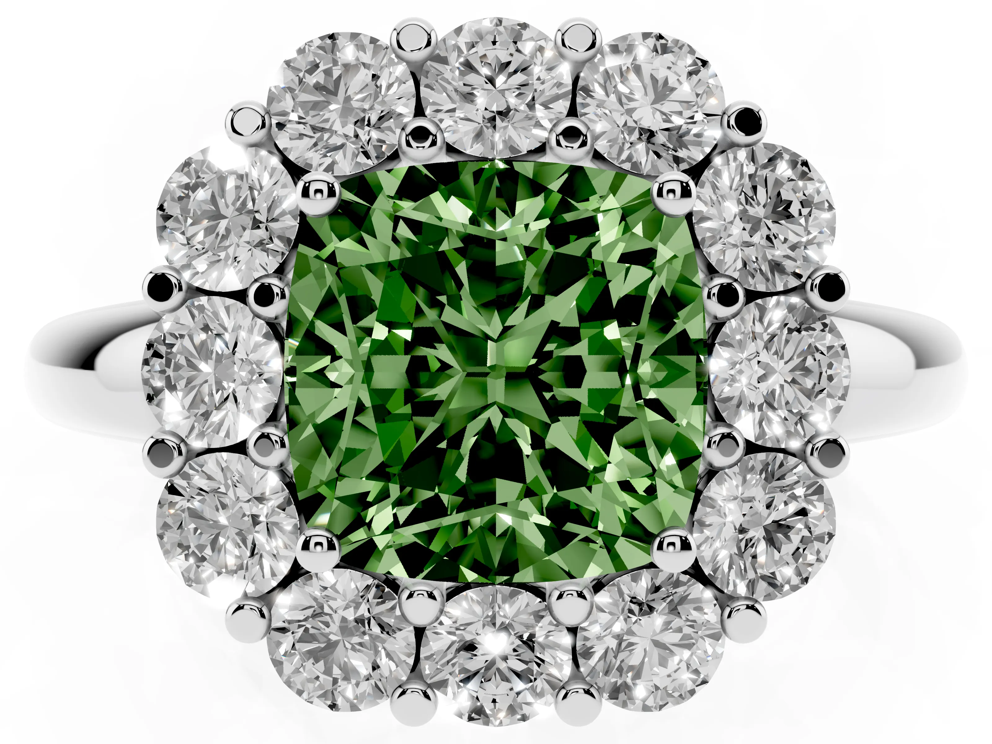 Fancy Green Cushion Cut Diamond Halo Cluster Engagement Ring Set in Platinum with Polished Band and Prong Setting