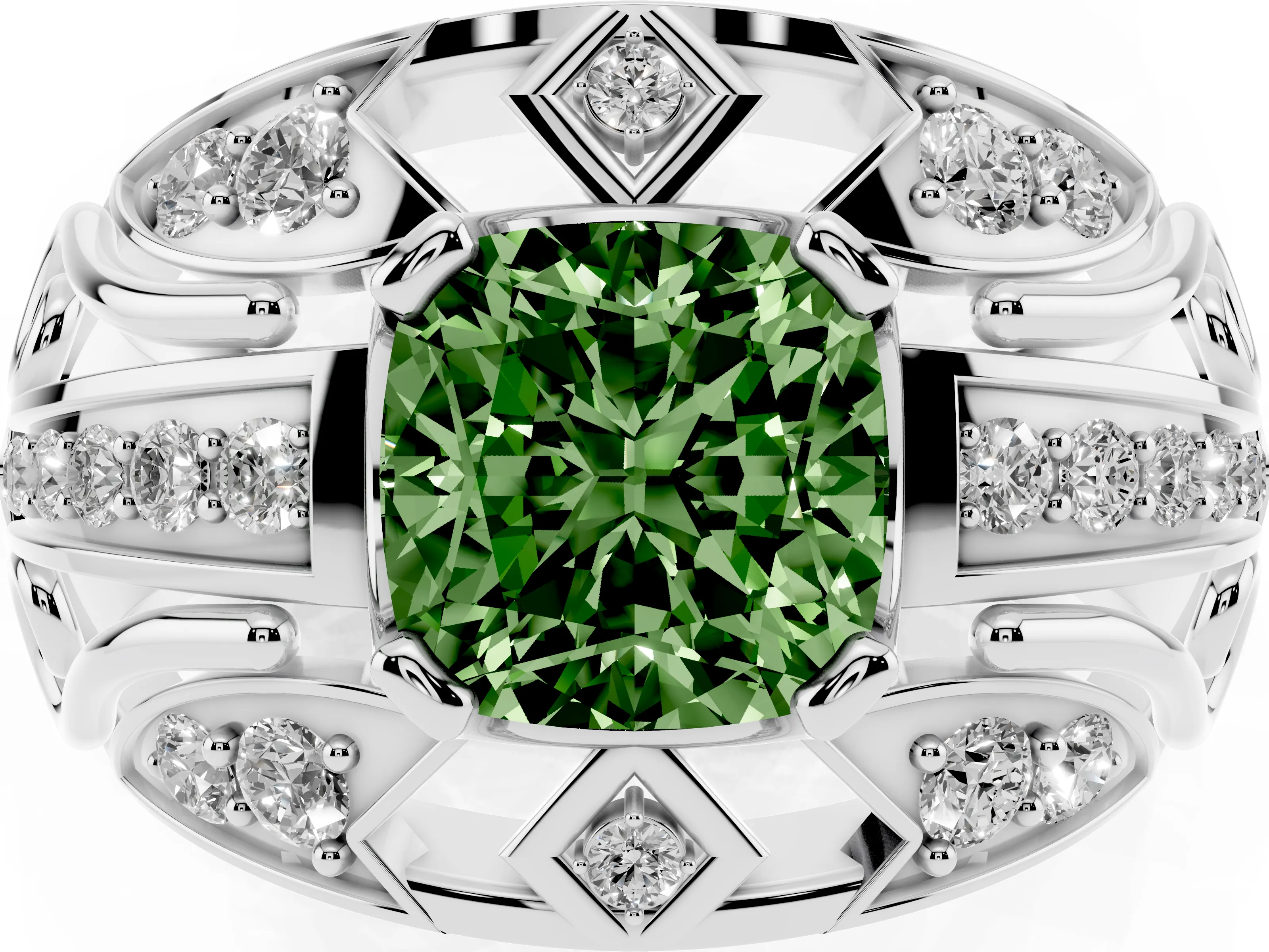 Fancy Green Cushion Cut Diamond Art Deco Ring Set in Platinum with Pavé Split Shank