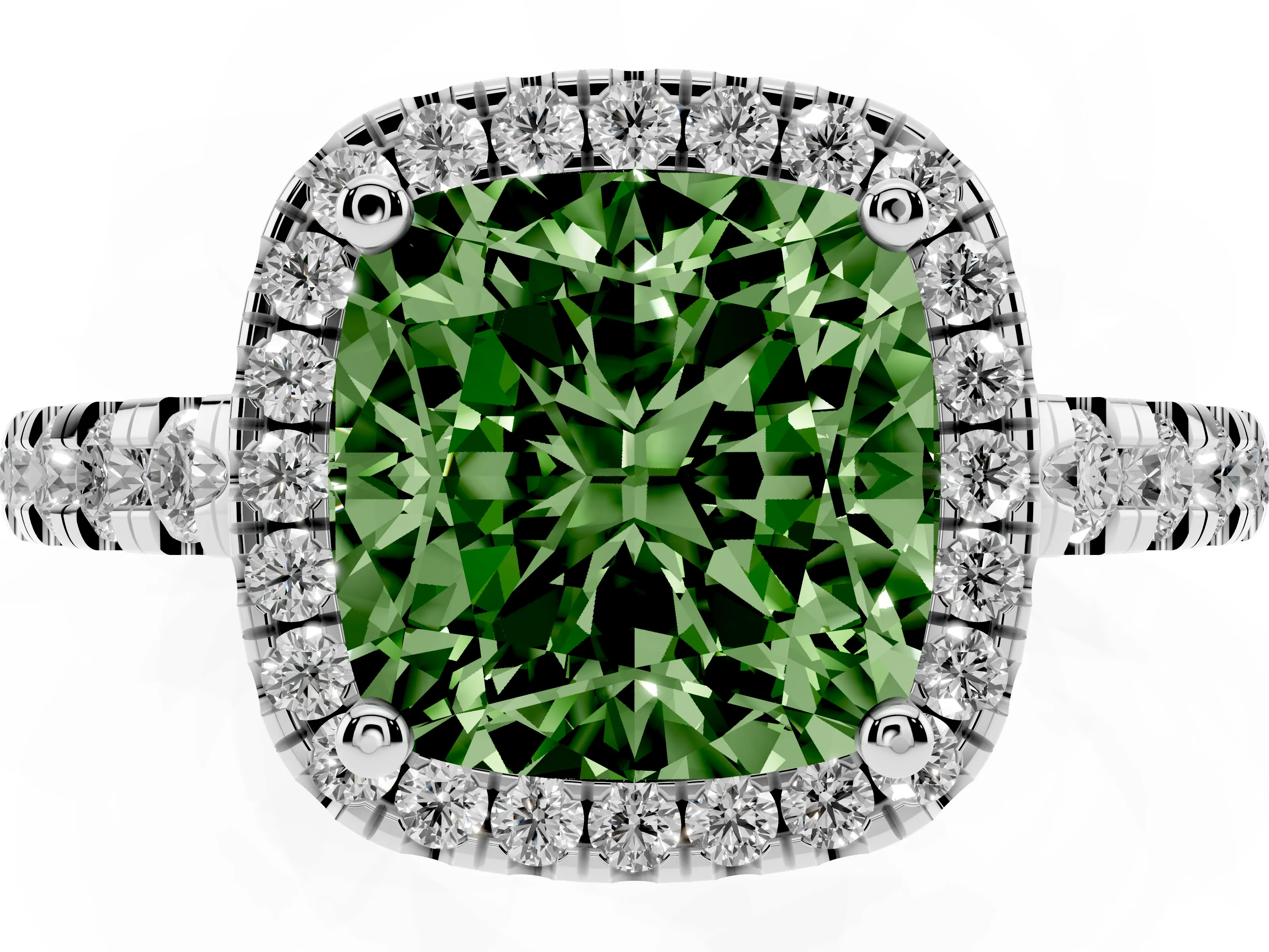 Fancy Green Cushion Cut Diamond Halo Ring Set in Platinum with Delicate Pavé Band and Prong Setting